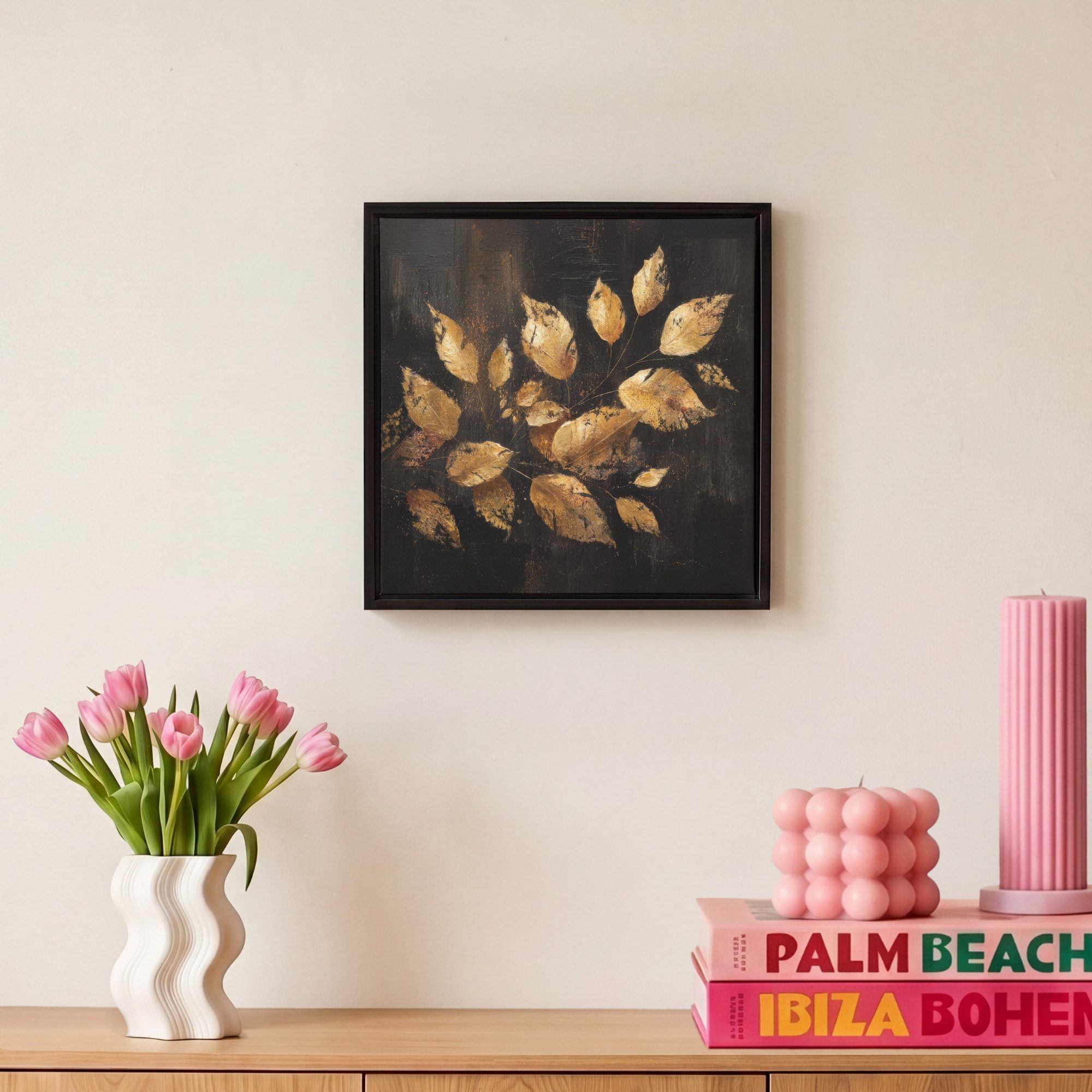 OneMillionCanvasses® Leinwandbild mit Rahmen - Goldene Blätter auf dunklem Hintergrund, Fotodruck (1 St), Leinwand Bilder Klein, Wand Dekoration Aesthetic 20x20 – Bild 4 von 5