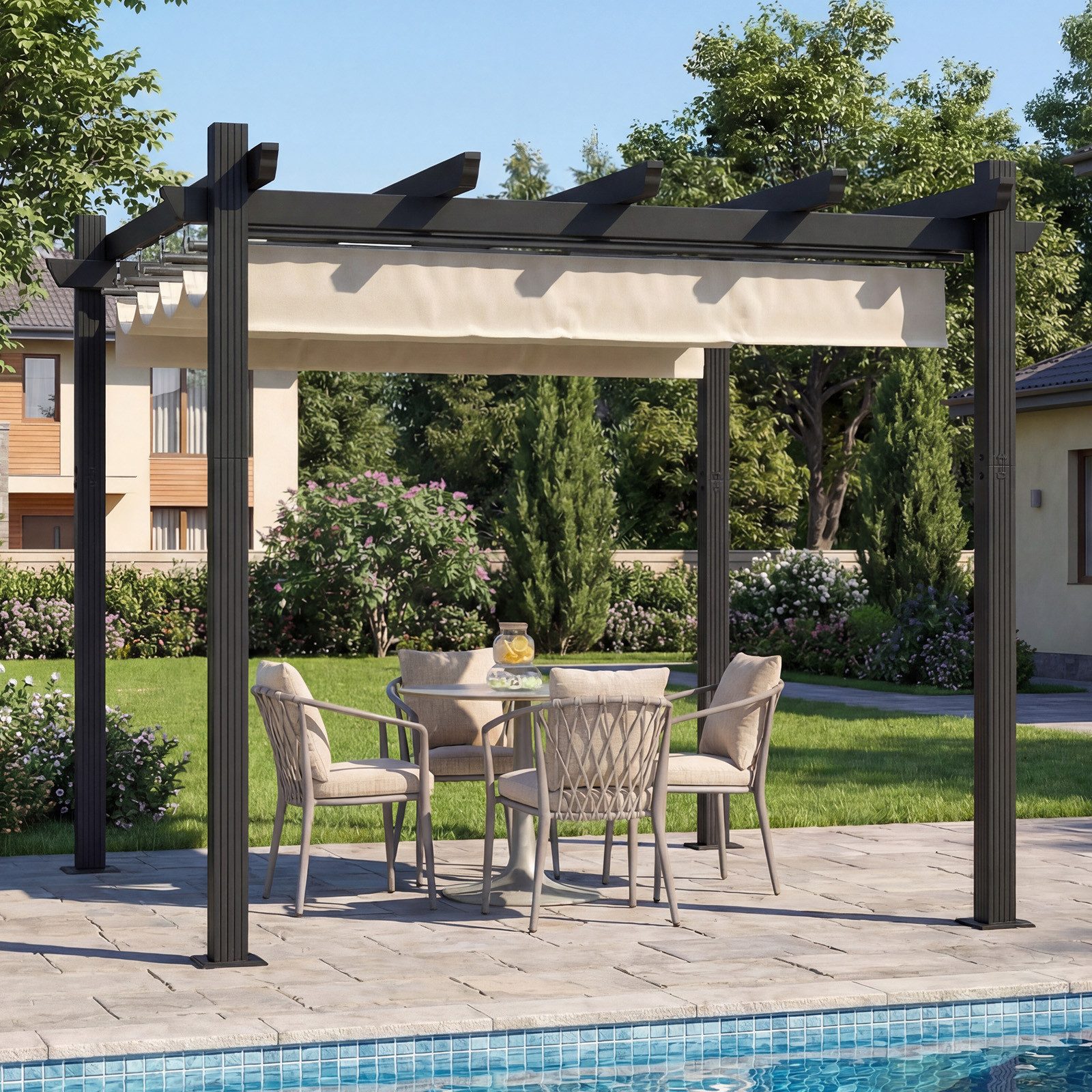 GUNJI Pergola 3x3/3x4m Winterfest, Magnetisch befestigte Aluminium-Pergola, (180g PA-beschichtetes Polyester, UV-geschützt, geeignet für Garten, Terrasse, Poolszenen), Magnetisch befestigbares Schiebedach