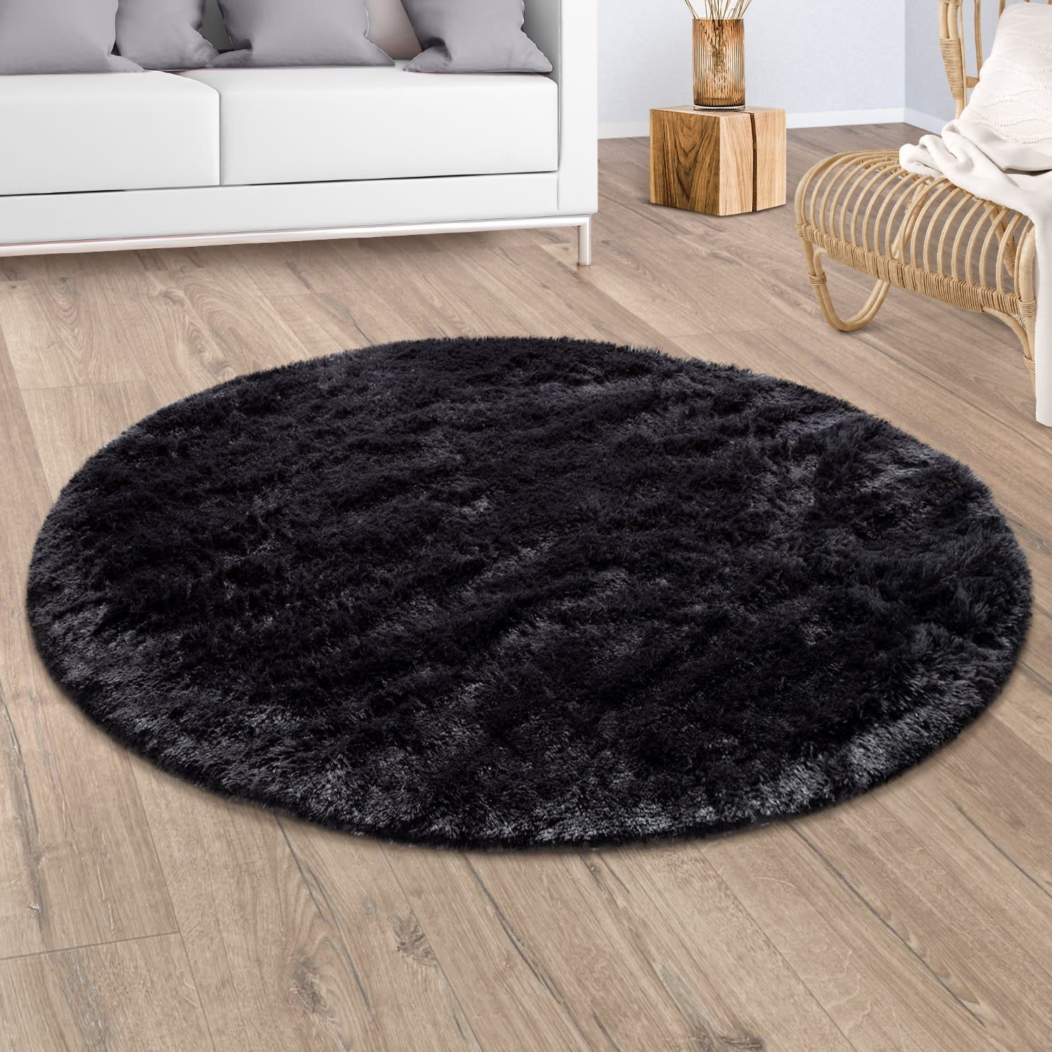KADIMA DESIGN Teppich waschbar Unifarben Schlafzimmer Hochflor Teppich Shaggy, Rund, Höhe: 37 mm, Florhöhe: 33 mm, Polyester, Rund, 80D, Schwarz