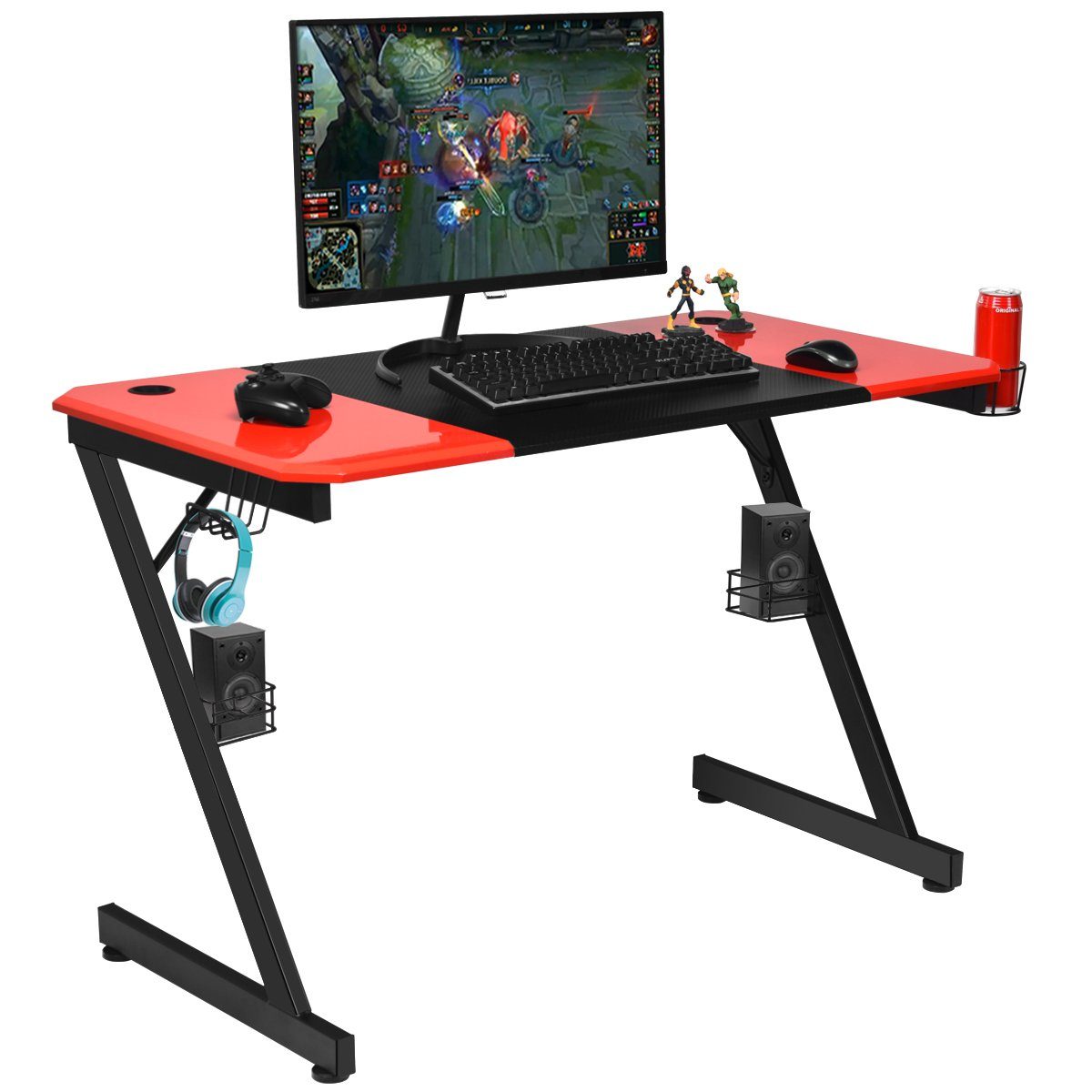 COSTWAY Gamingtisch, 120cm, & Becherhalter, 2 Ständern mit Haken Rot praktischen + Schwarz