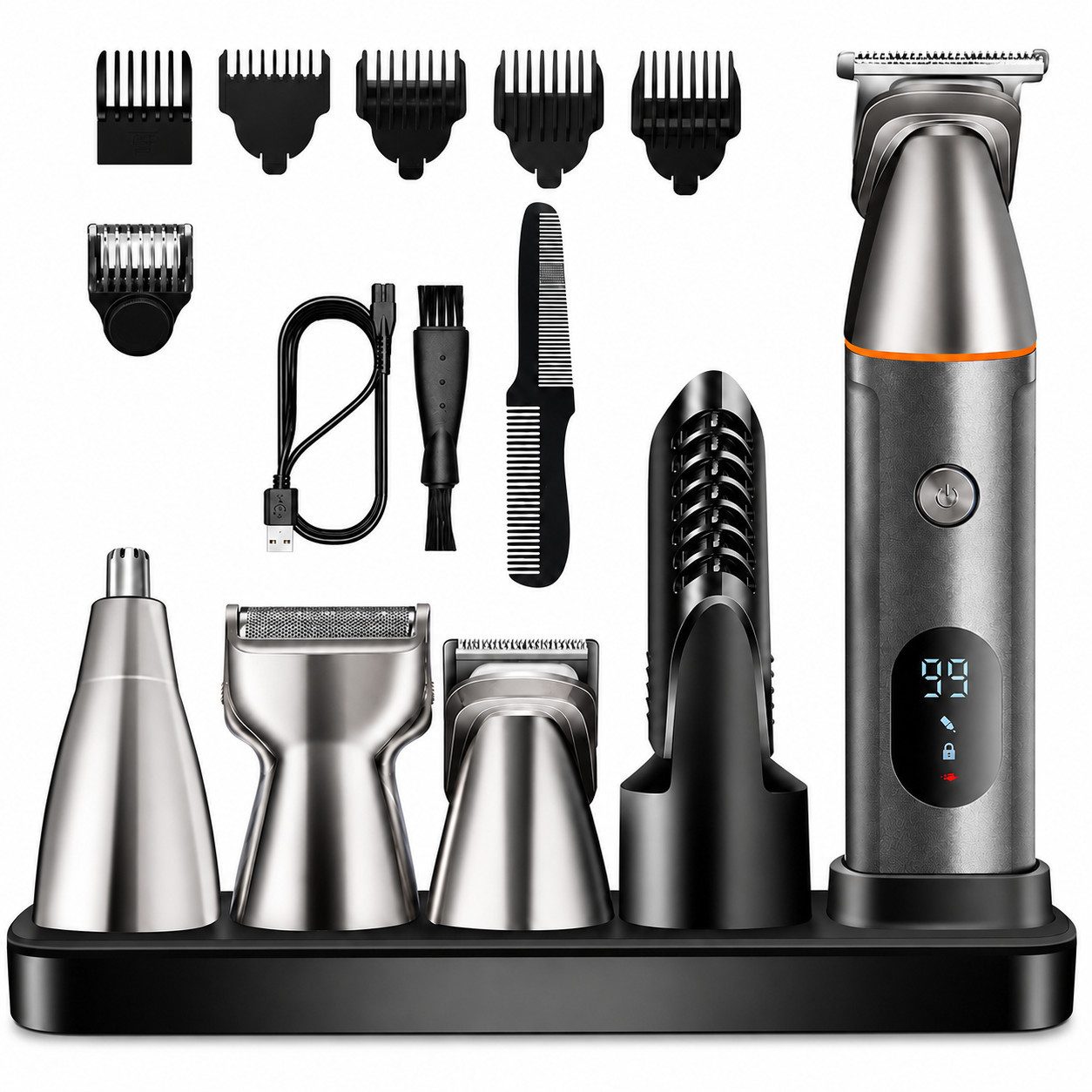 Fyrove Haarschneider Herren 5-in-1 Multigrooming Set mit Präzisionstrimmer, Nasenhaartrimmer Körpertrimmer LED-Display 90 Min Laufzeit IPX6