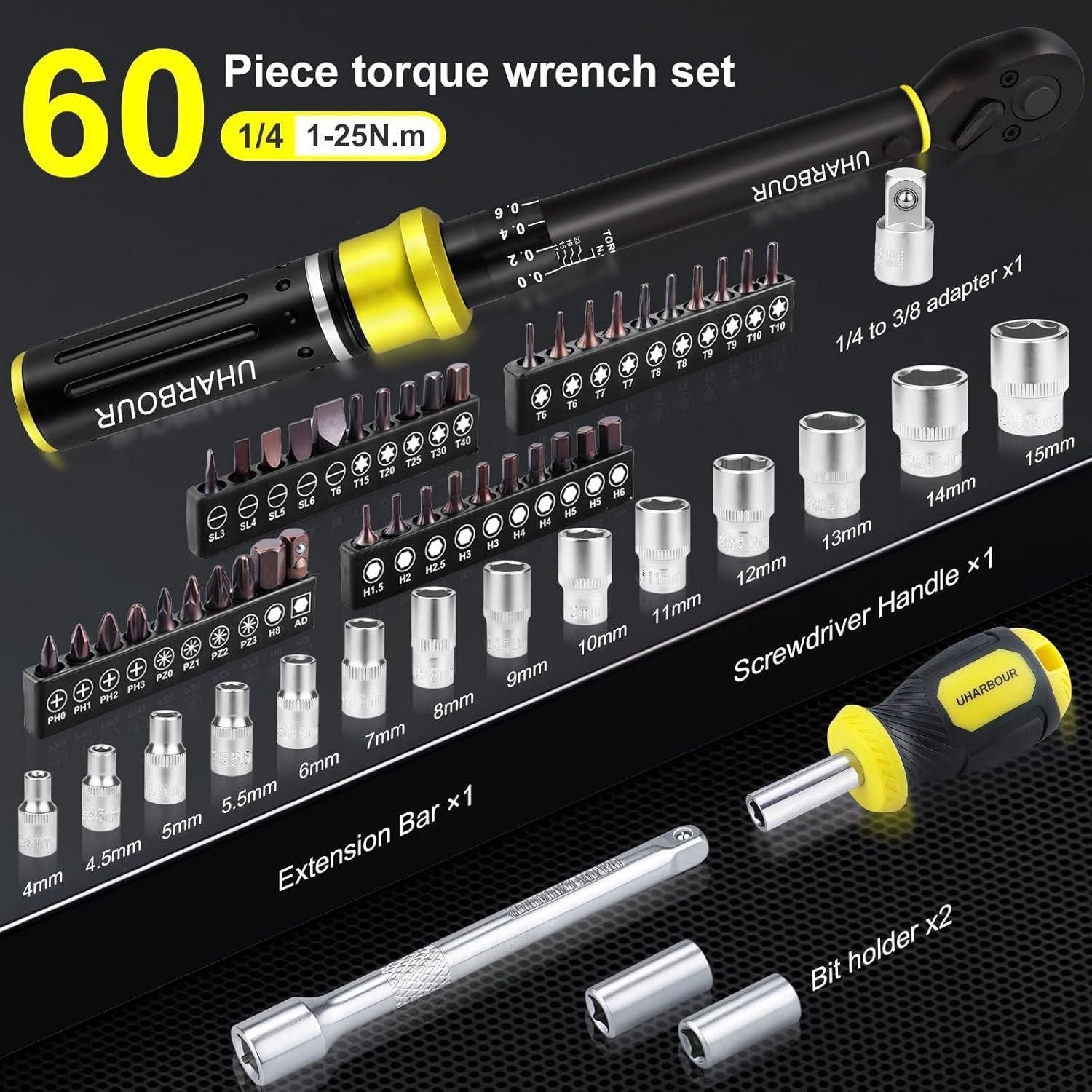 LuxusKollektion Drehmomentschlüssel Drehmomentschlüssel 1-25 Nm 60-tlg 1/4 für Fahrräder vorkalibriert