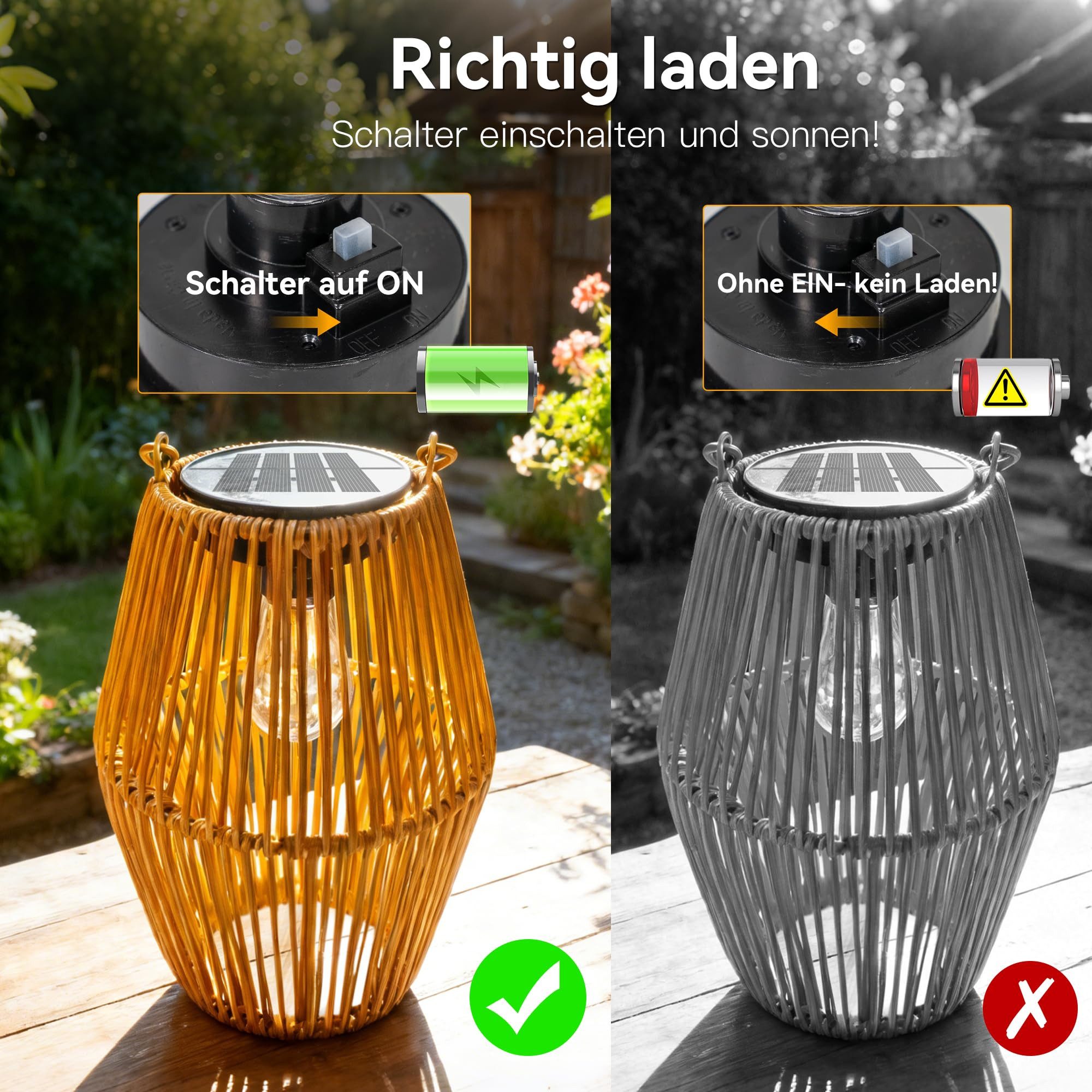 AIBISTAR LED Laterne Solarlampen Rattan Boho Stil,hängend oder stehend,IP44 wetterfest, Leuchtdauer 8-10h, geeignet für Garten, Balkon, Terrasse & Eingang – Bild 4 von 5