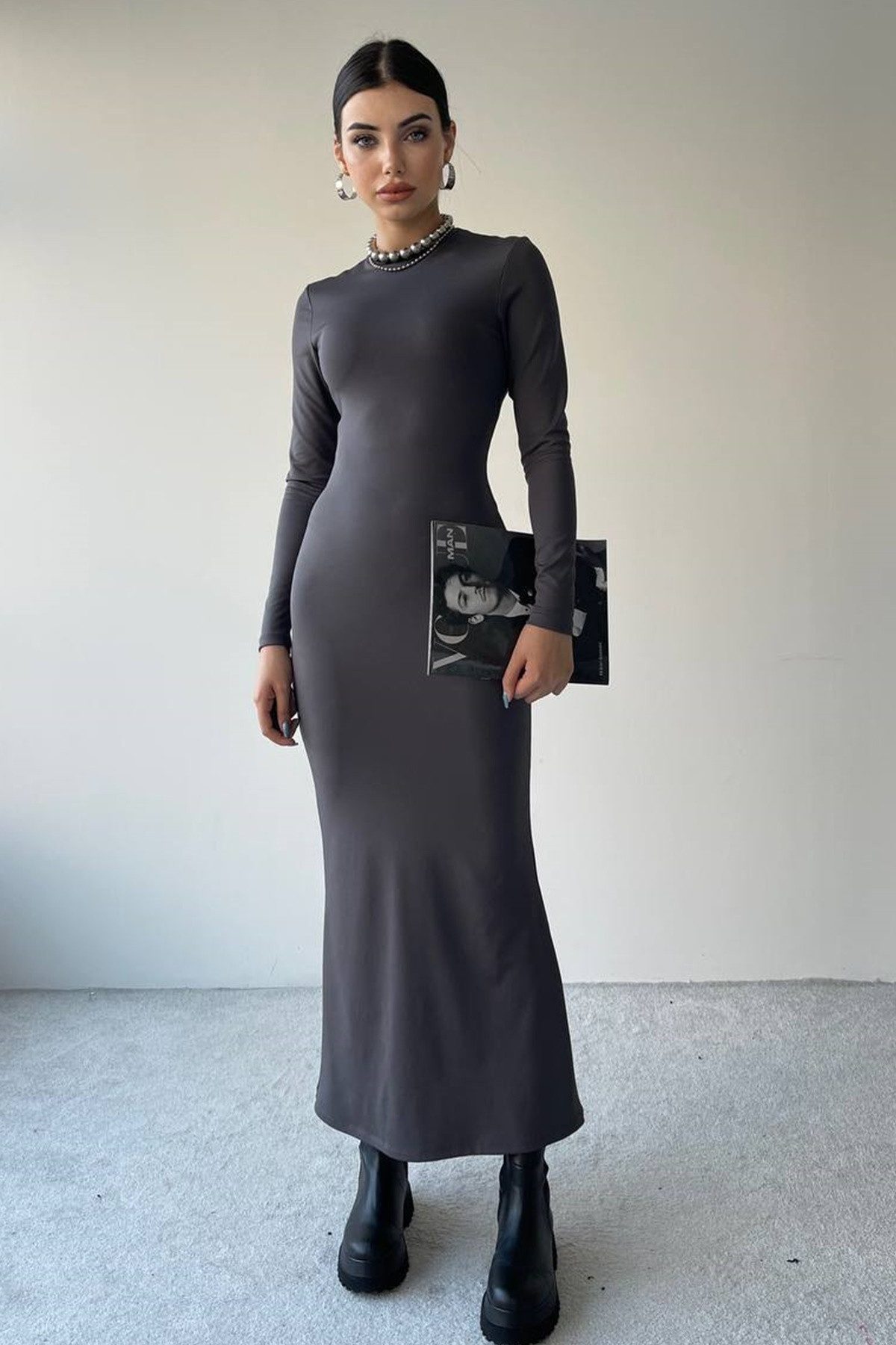 WOMAN VISION Abendkleid Damen Stretch Smoky Grau Sandy Stoff Langarm Midi A günstig online kaufen