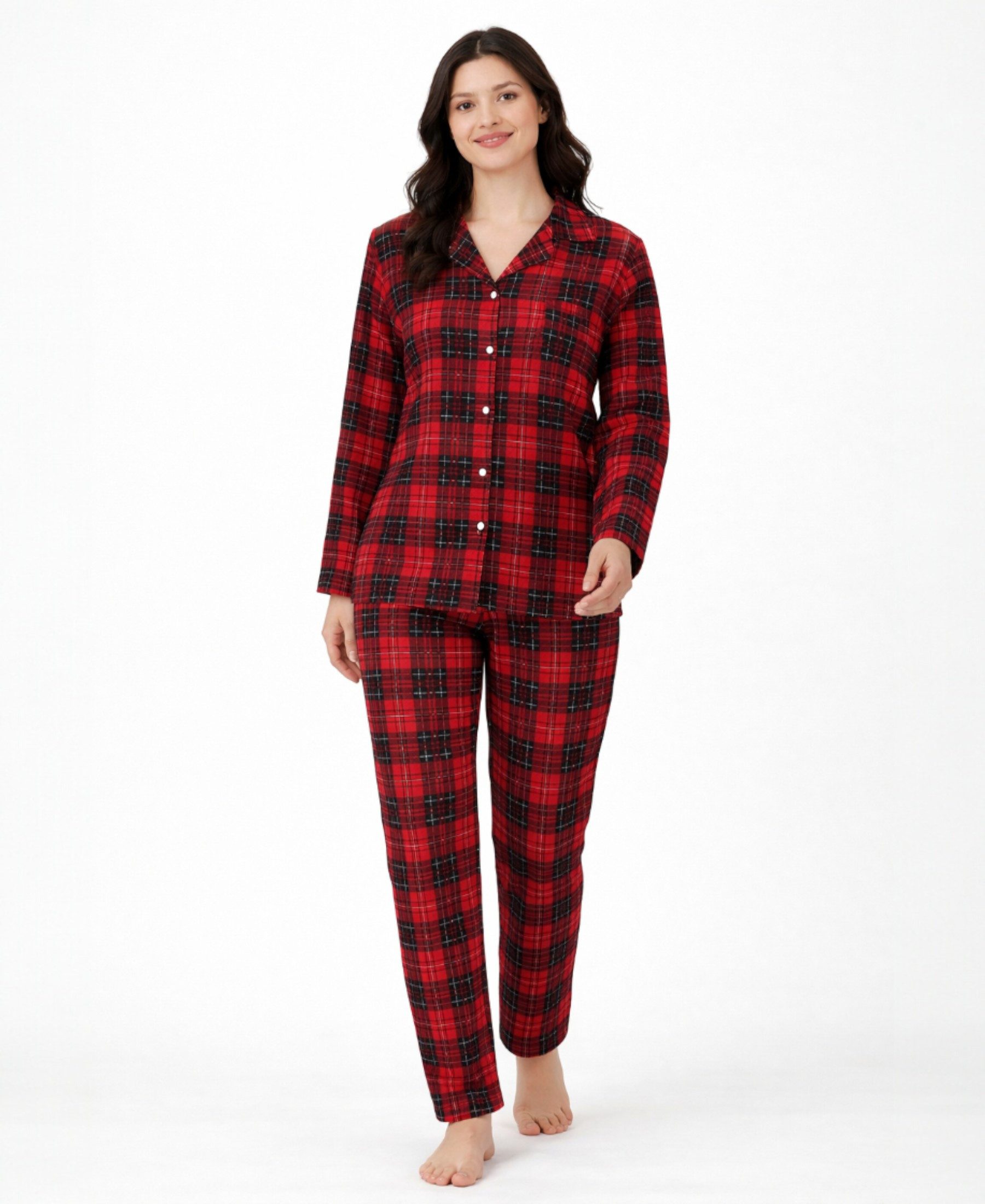 fashionshowcase Pyjama Damen Schlafanzug Velours kariert – Zweiteiliges Hausanzug-Set (Oberteil + lange Hose) hautfreundlich und komfortabel