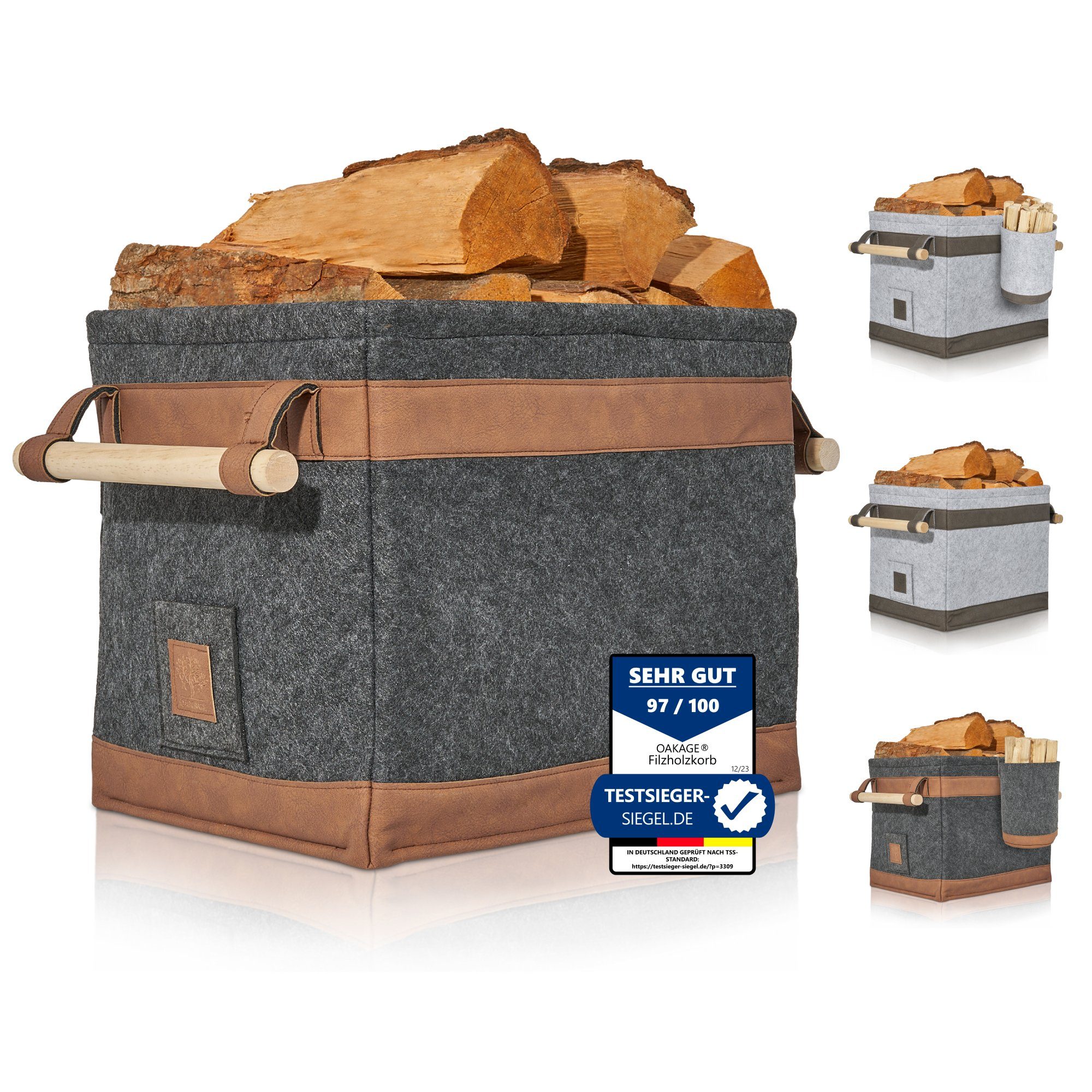OAKAGE Kaminholzkorb Holzkorb für Kaminholz Feuerholzkorb Brennholzkorb Kaminkorb Filzkorb, Schmutzabweisendes Innenfutter und Lederboden