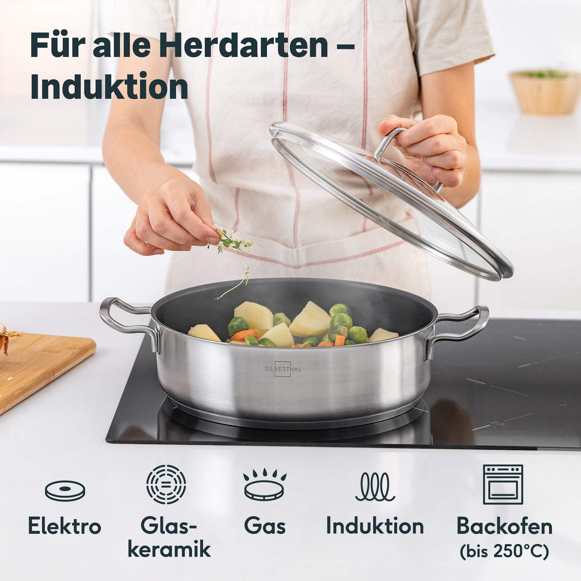 SILBERTHAL Servierpfanne Schmorpfanne Beschichtet mit Deckel 28cm, Edelstahl