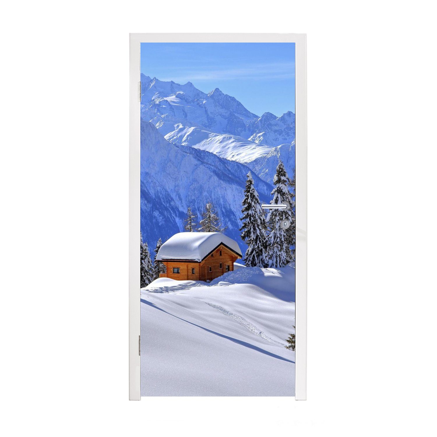 Türaufkleber, Tür, Türtapete bedruckt, Hütte Matt, (1 MuchoWow für St), Schweiz, cm Fototapete in 75x205 der der Winterlandschaft