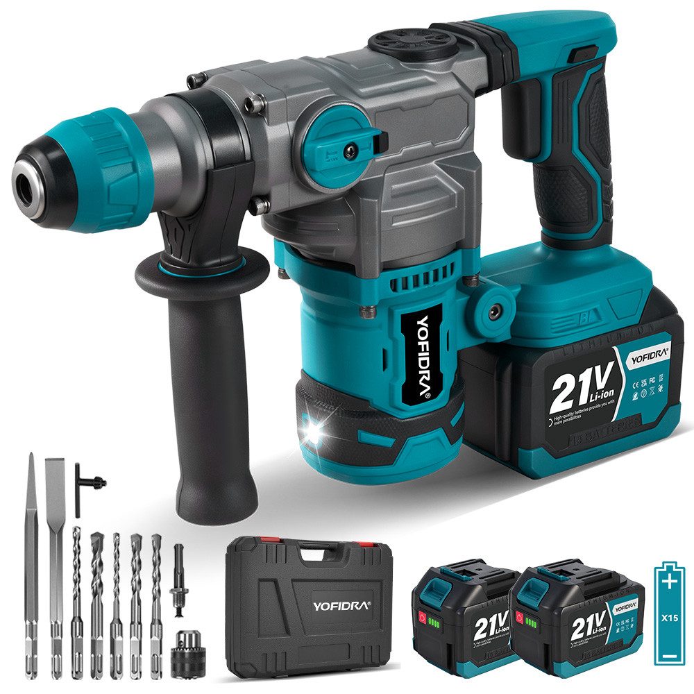 Yofidra Akku-Bohrhammer SDS Bürstenloser Schlagbohrmaschine mit 2x Akkus & 10 x Zubehörteile, 21V V, max. 1500 U/min, (Set)