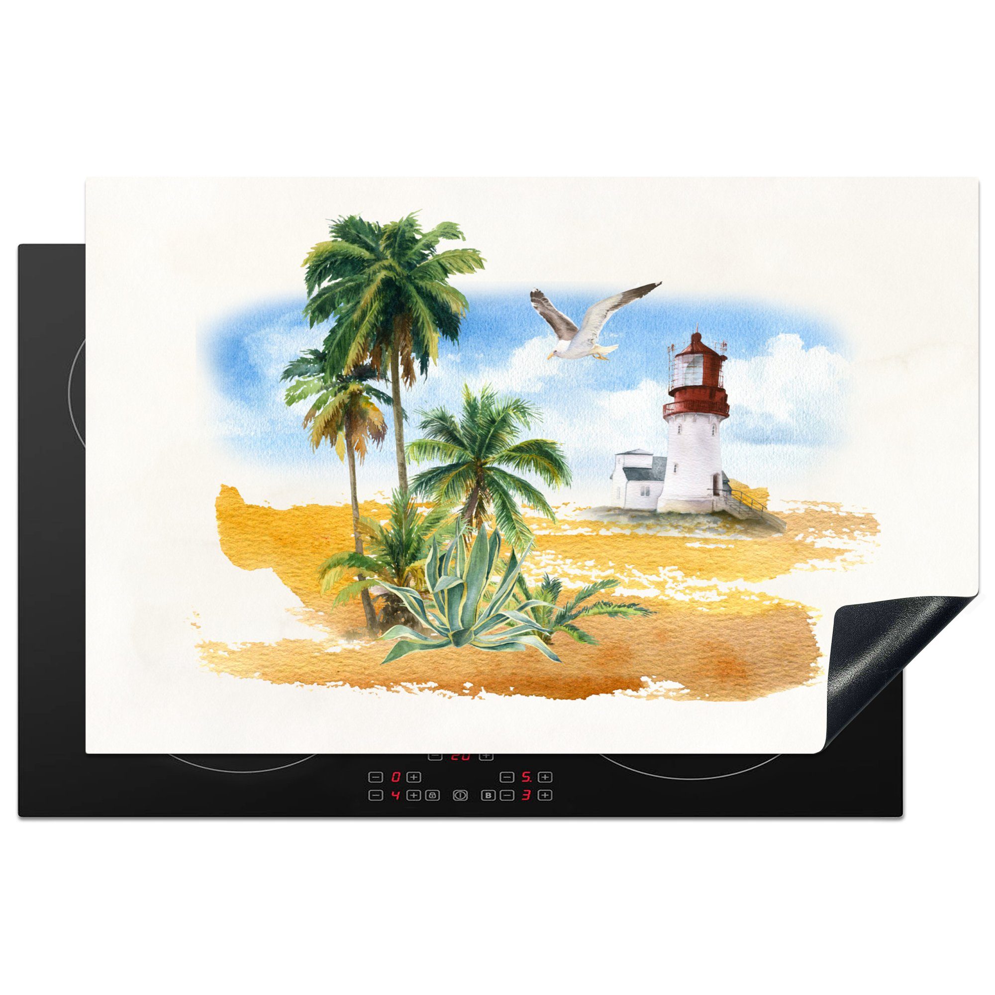 MuchoWow 81x52 für Herdblende-/Abdeckplatte Schutz Strand, - cm, die Leuchtturm Ceranfeldabdeckung Palme küche, Induktionskochfeld Vinyl, - (1 tlg),