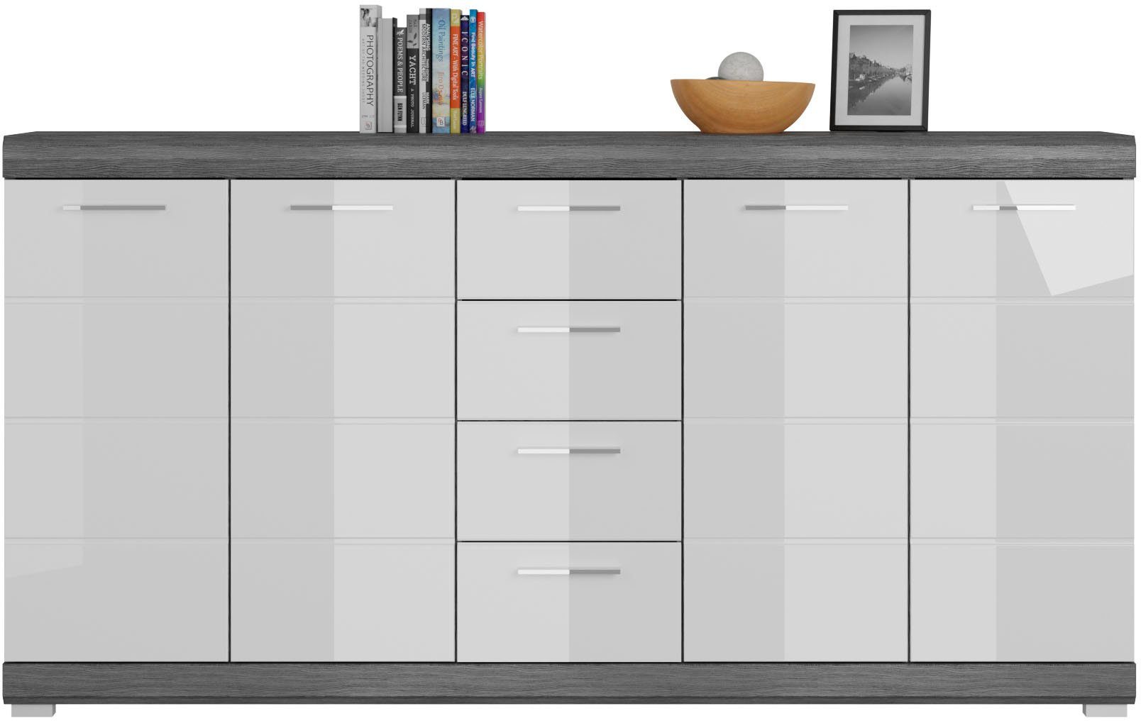 Home affaire Kommode SIENA, Breite 165cm, 4 Türen, 4 Schubkästen, 8 Einlegeböden, 12 Fächer (hochwertige Rillenfräsung in MDF Front), Schuhkommode, Schuhschrank, Anrichte, Sideboard