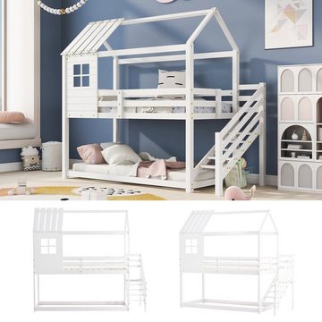 Fangqi Hausbett 90x200 großes Kinder-Etagenbett mit Ecktreppe, Fallschutz und Geländer (Jugend-Etagenbett mit Fenster, Rahmen aus Kiefernholz)