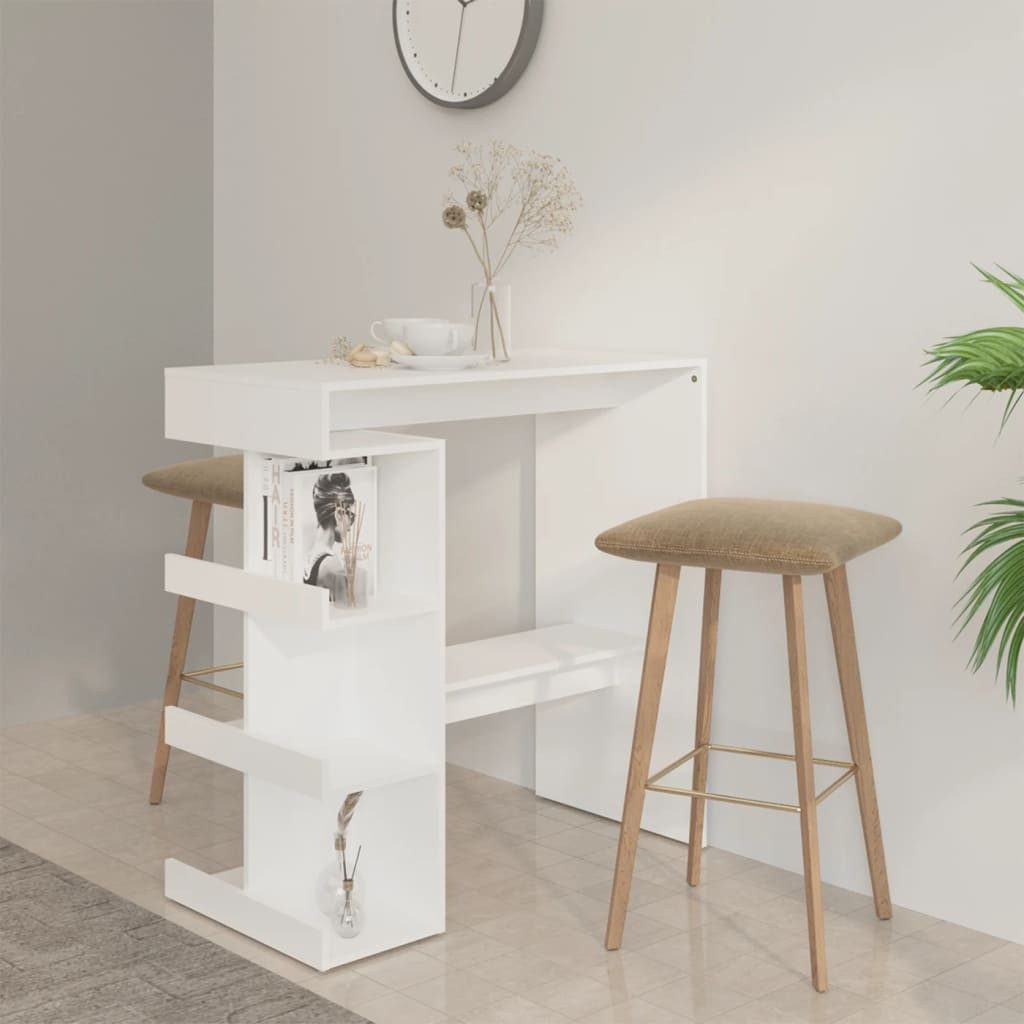 furnicato Bartisch Weißer Stehtisch 100 x 50 x 101,5 cm aus Holzwerkstoff (1-St), Bar-Tisch mit drei Ablageflächen, Fußstütze und Wandhalterung