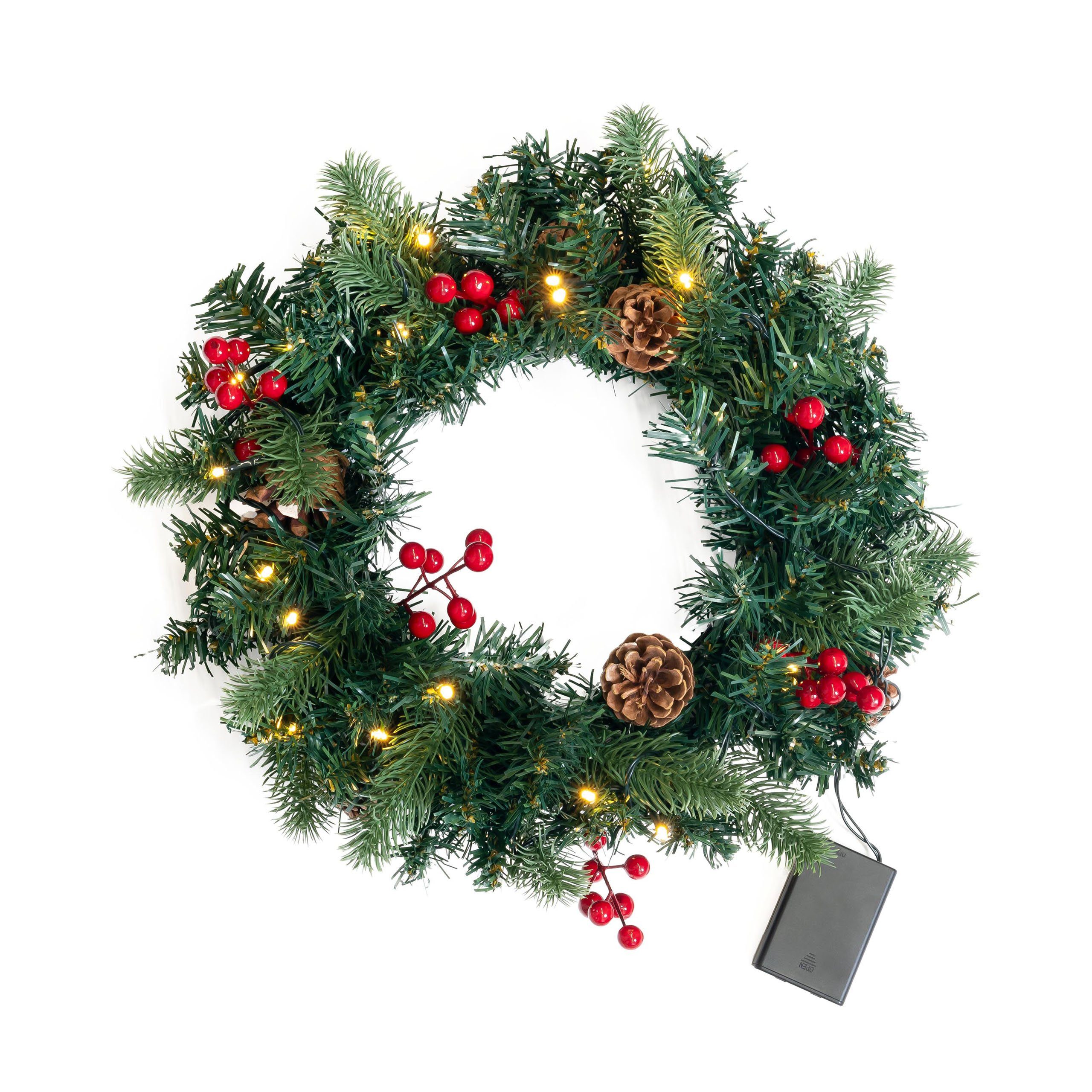 BONETTI Adventskranz Künstlicher Adventskranz mit Lichterkette und 4 LED Kerzen, batteriebetrieben, Ø 35 cm, Tannenkranz mit Zapfen, Beeren, flammenlos