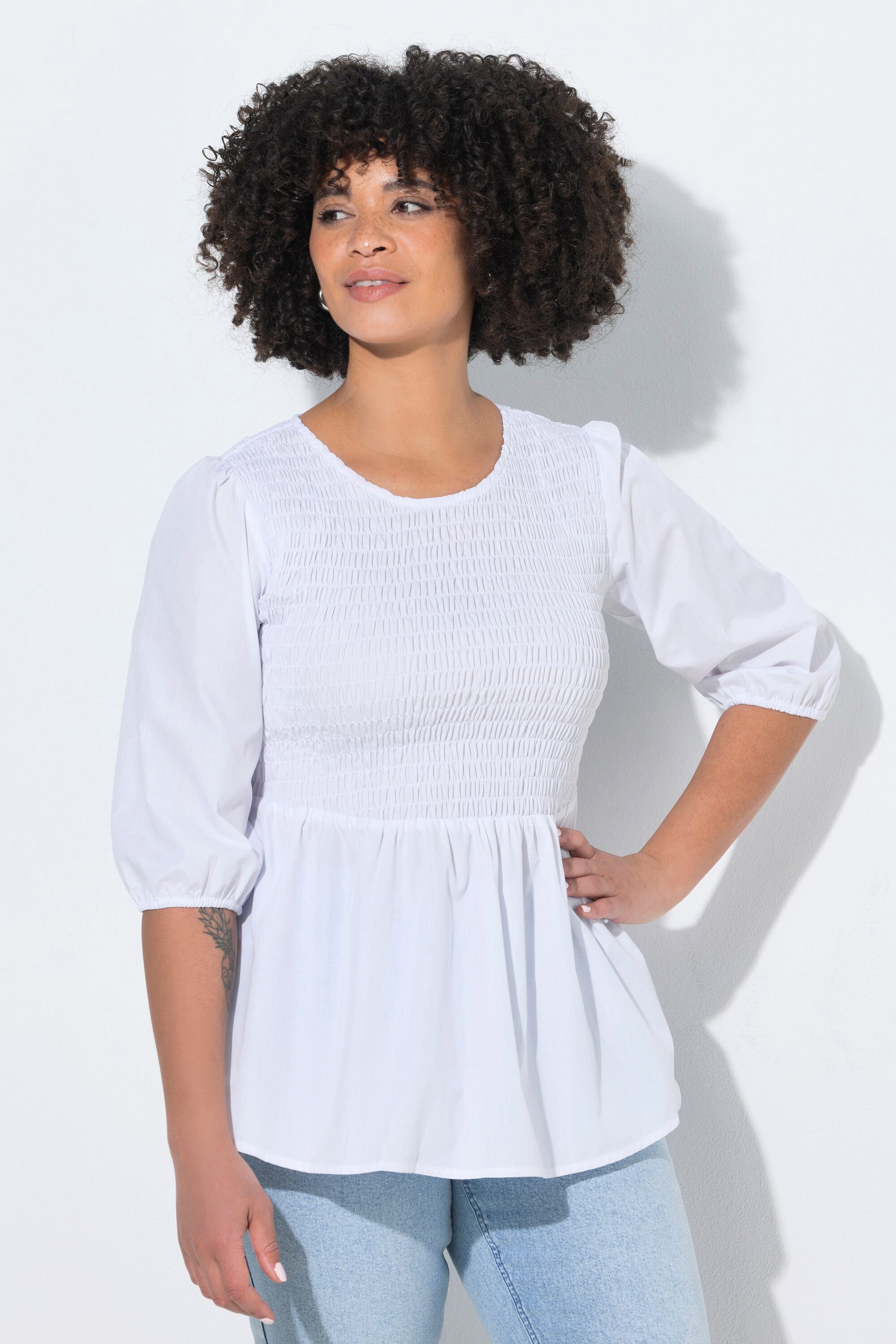 Angel of Style Longbluse Bluse A-Linie Smok-Büste 3/4-Ärmel Volant
