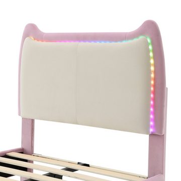 Flieks Polsterbett, LED Beleuchtung Kinderbett Einzelbett Tierohr Form Kopfteil 90x200cm