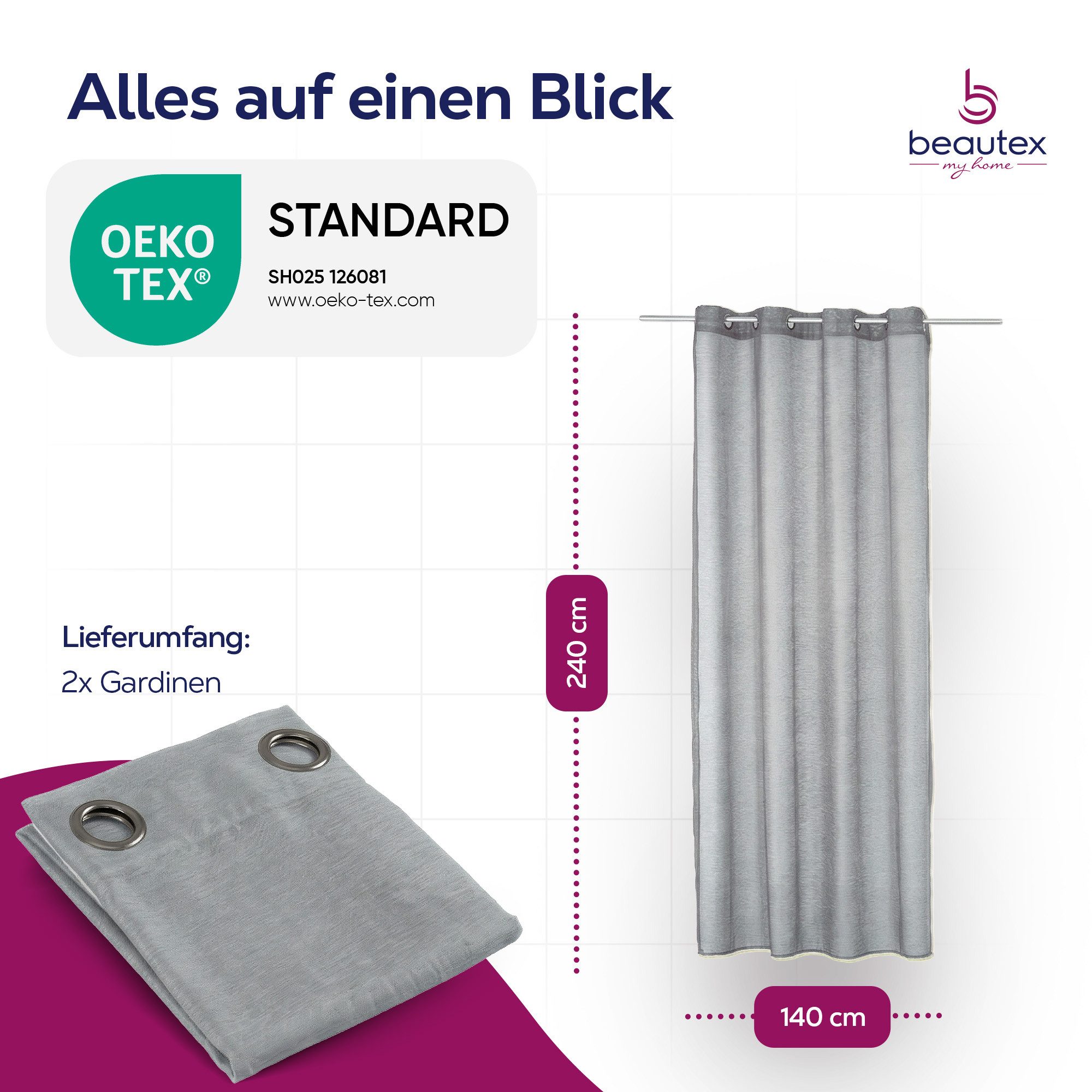 Beautex Gardine transparent Dolly, wählbar mit Kräusel- und Ösen- Aufhängung (2 St), Ösen, transparent