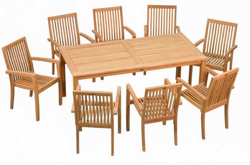 Kai Wiechmann Garten-Essgruppe Exklusive Teak Sitzgruppe aus 8 Stapelstühlen und 1 Tisch 180 x 90 cm, (9-tlg., 8 Stühle, 1 Tisch), Set aus Teak-Gartenmöbeln mit Stühlen zum Stapeln