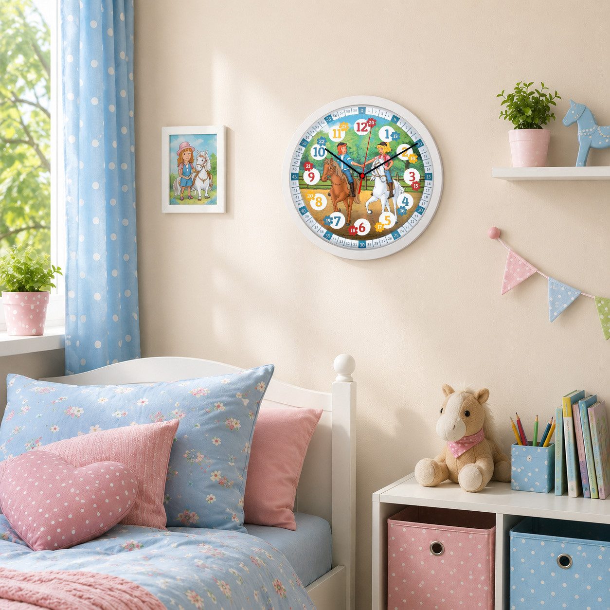 K&L Wall Art Wanduhr Bibi & Tina Wanduhr Kinder Lernuhr mit Lernzifferblatt (lautlose Kinderuhr mit Quarz Uhrwerk ohne Ticken)