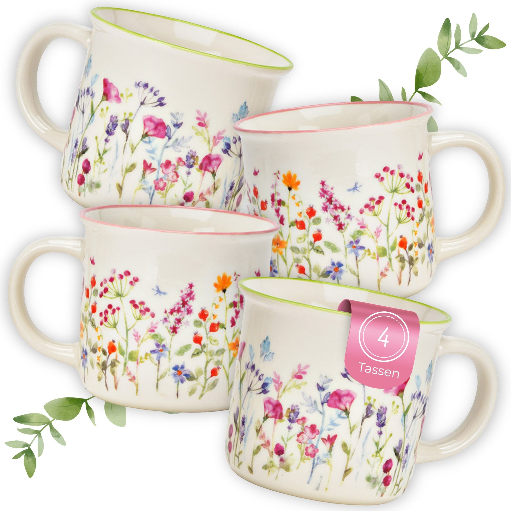 matches21 HOME & HOBBY Tasse Kaffeetassen Blumenwiese, 4er Set Kaffeetasse Bunt, 4-tlg., Porzellan, Frühstückstasse 355 ml mit floralem Design