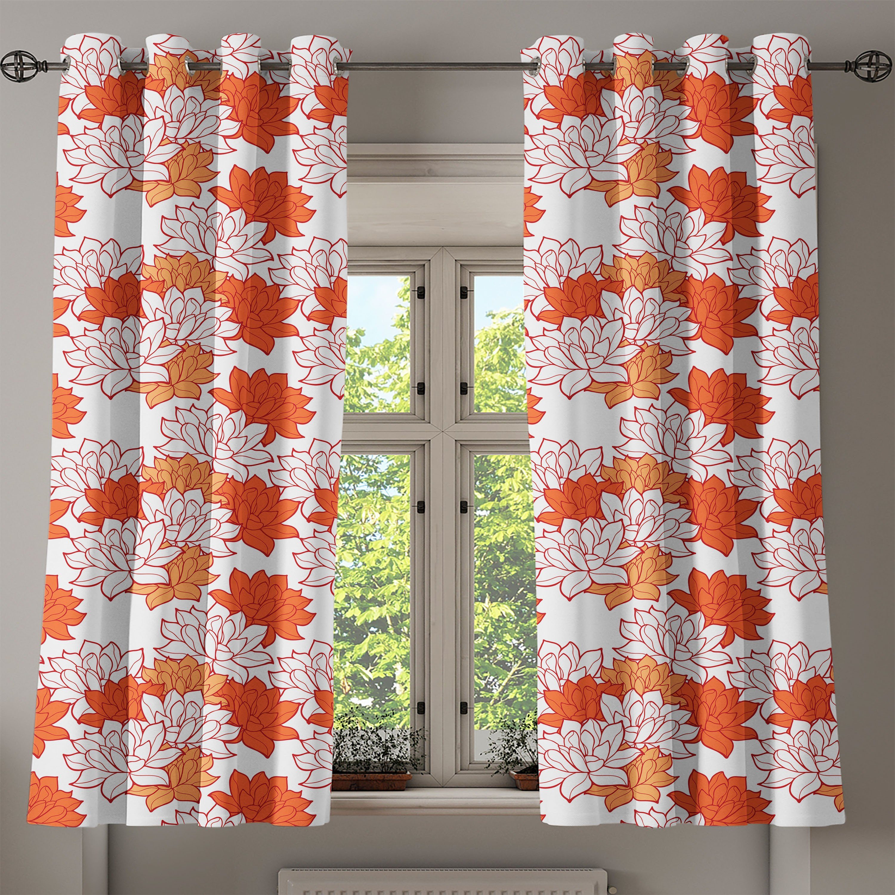 Gardine Dekorative Schlafzimmer Orange Abakuhaus, Leaves für 2-Panel-Fenstervorhänge Wohnzimmer, Lotus Blooming