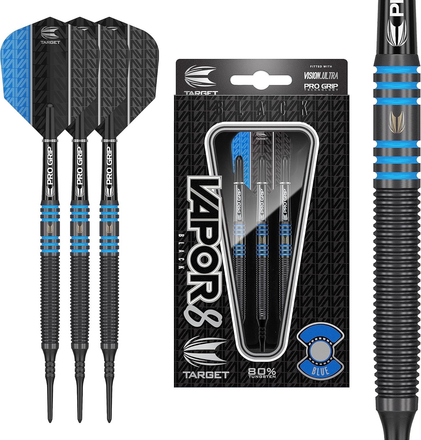 Dartpfeil Target Darts Vapor 8 Black 80% Tungsten Soft Tip Darts Set, Blau 21G