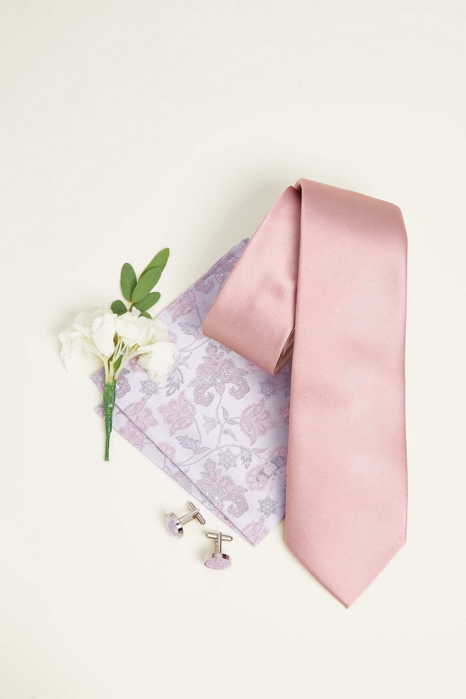 Krawatte Next Light Einstecktuch Manschettenknöpfe und (3-St) Krawatte, Pink