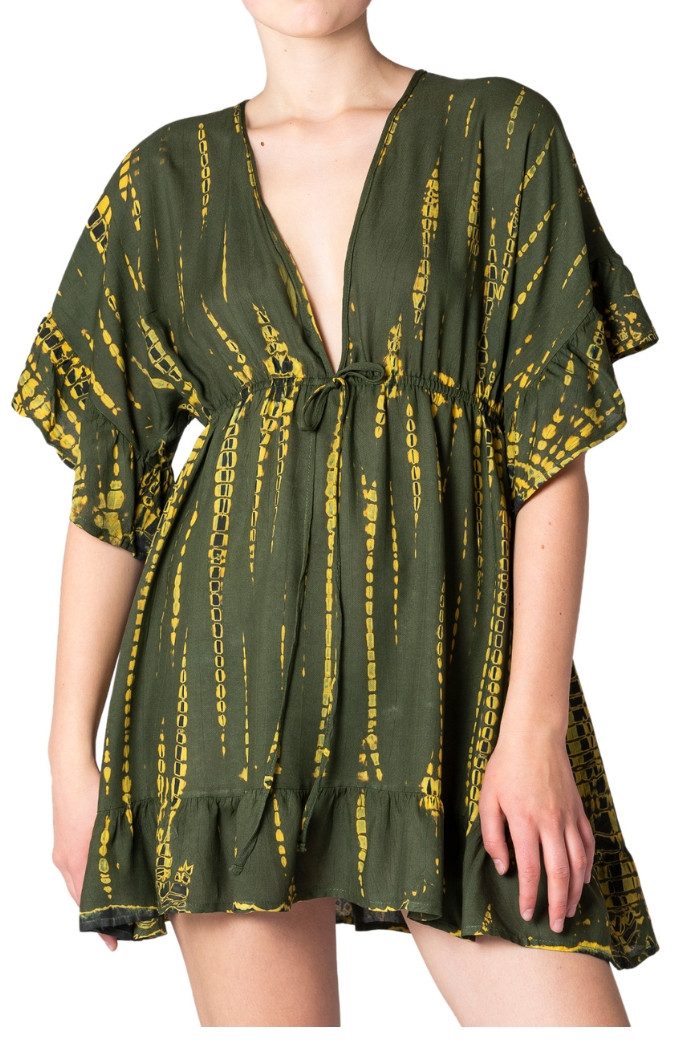 PANASIAM Tunikakleid kurzes Sommerkleid aus natürlicher Viskose mit V Ausschnitt Boho-Kleid Damen Strandkleid Minidress mit Volants Ethno Beach Dress Tunikakleid