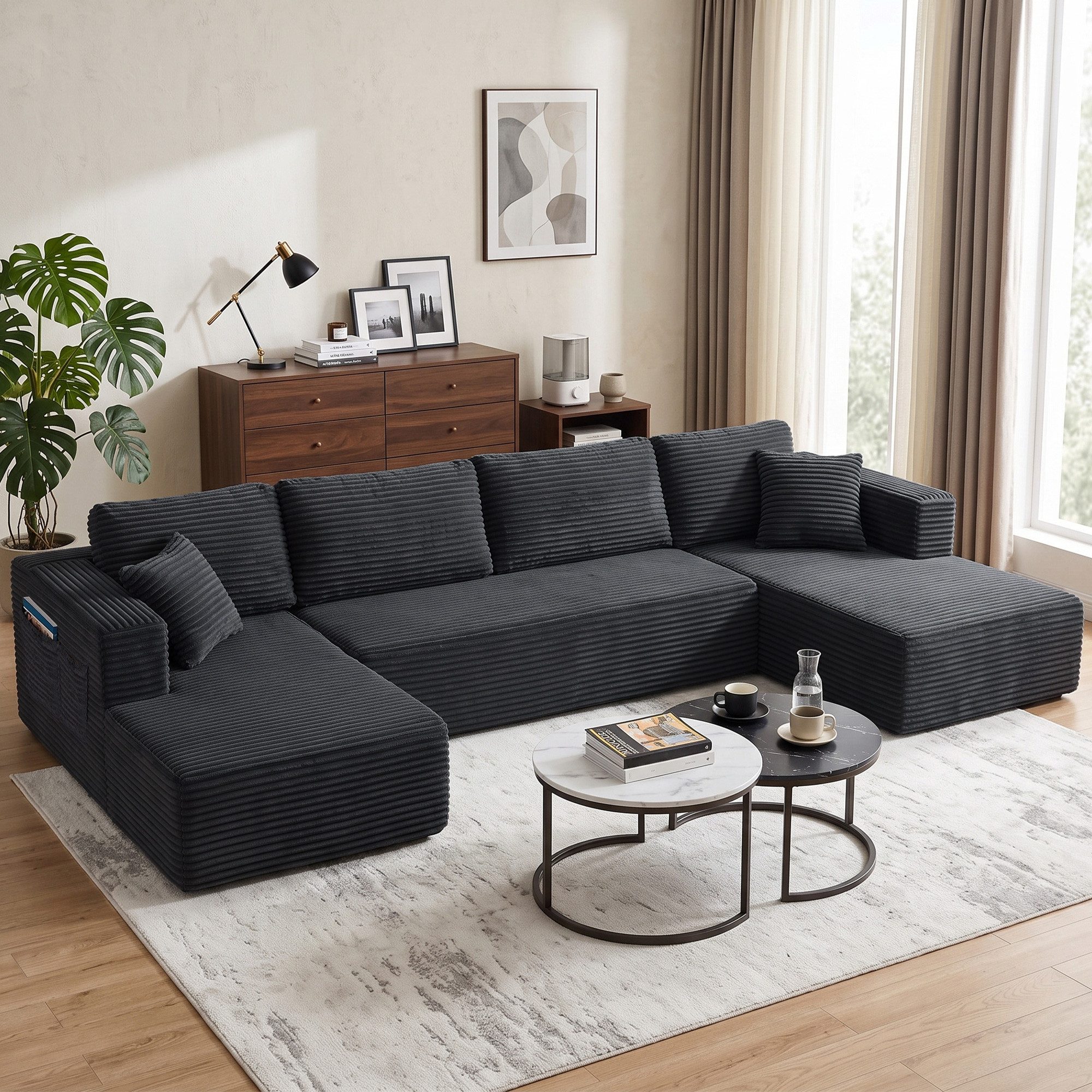 HOMCOM Ecksofa U-Form Sofa Boneless Schlafsofa mit 2 Chaiselongues, Set 3 Teile, modular, Cord, Federkern, ohne Montage