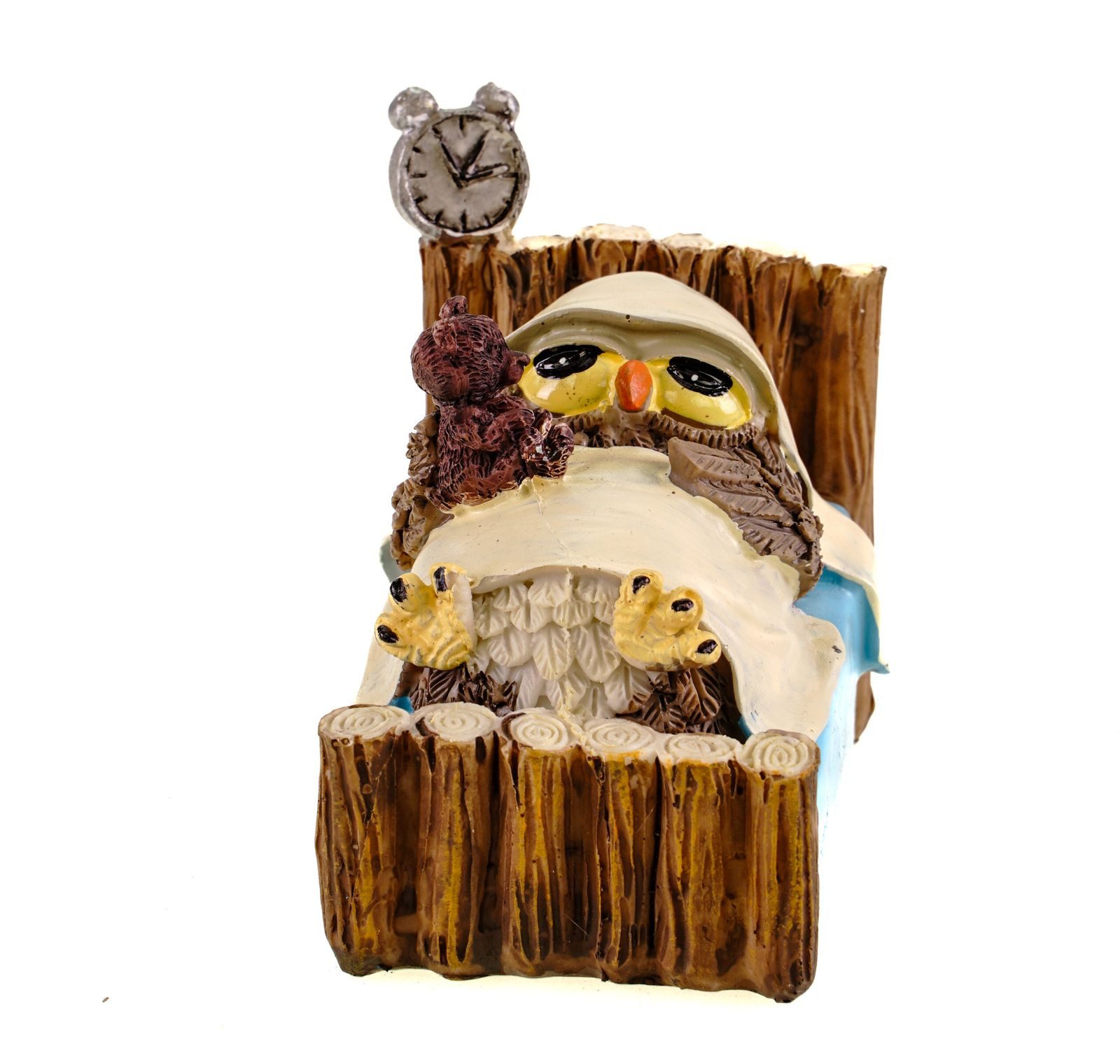 Vogler Dekofigur Funny Gufi Gute Nacht Eule liegt mit Schlafmütze und Teddy im Bett 9cm
