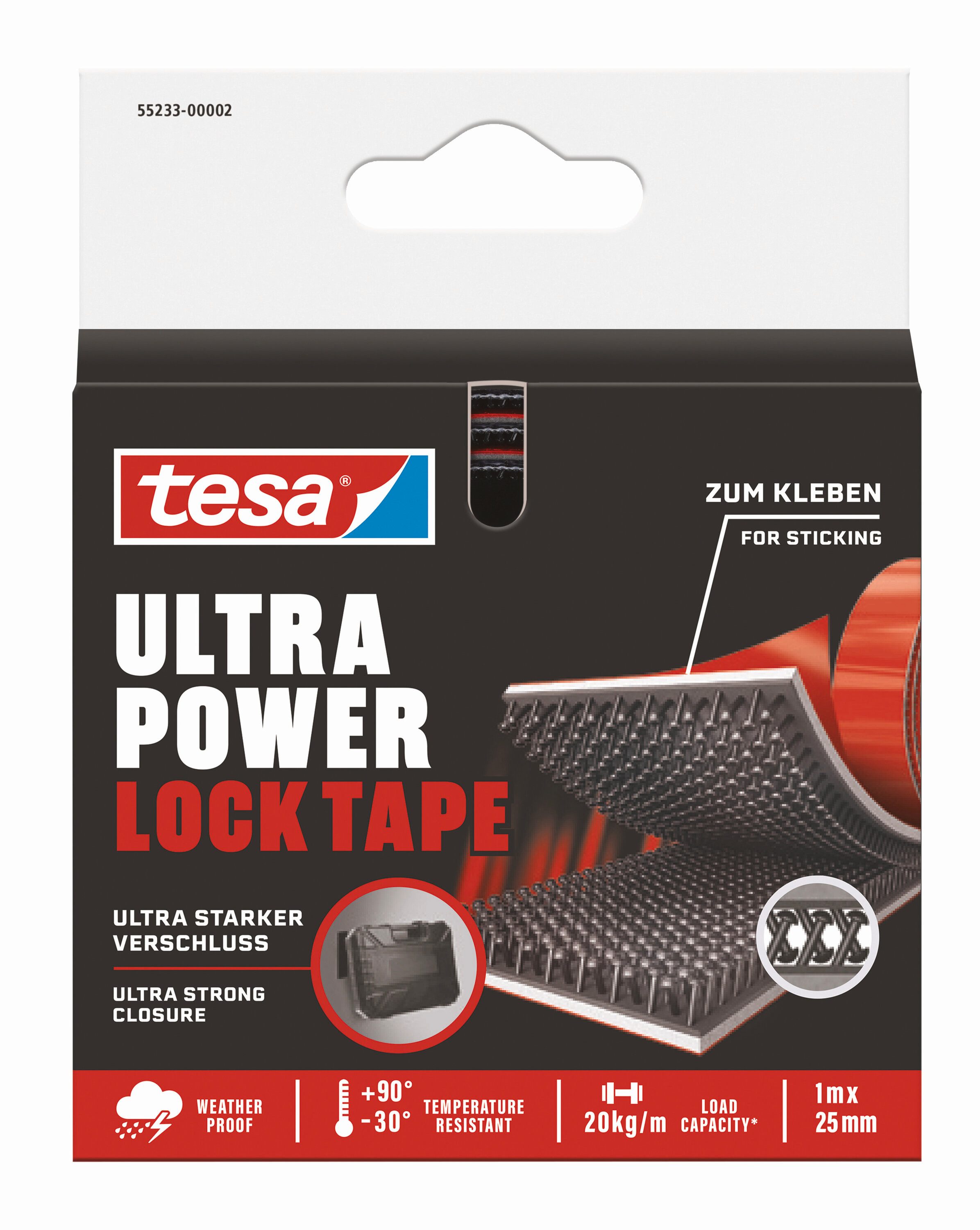 tesa Klett-Klebeband Ultra Power Lock Tape, extra starkes selbstklebendes Klettband (Packung, 1-St., Band mit Klettverschluss (1 x 25 mm), mit bis zu 20 kg/m belastbar) wetterbeständig, temperaturresistent, geeignet für innen und außen
