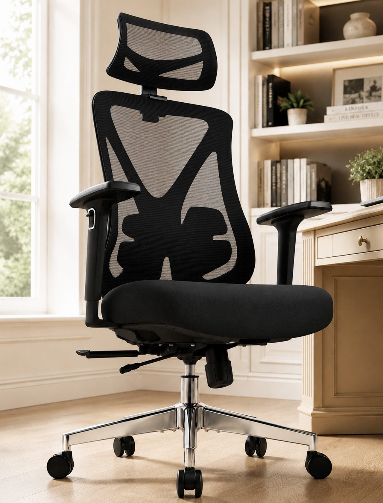 Hoolamyie Bürostuhl, Ergonomischer Schreibtischstuhl 200 kg, individuell anpassbar (Drehstuhl mit 4D-Lordosenstütze, 3D-Armlehnen, extra großer, verstellbarer Kopfstütze, Sitztiefenverstellung, atmungsaktiver Mesh-Rückenlehne, hochelastischem und druckentlastendem Sitzpolster sowie 3-fach arretierbarer Rückenlehne bei 90°, 115° und 135), Ergonomischer Bürostuhl und Netzstuhl für Homeoffice & Büro