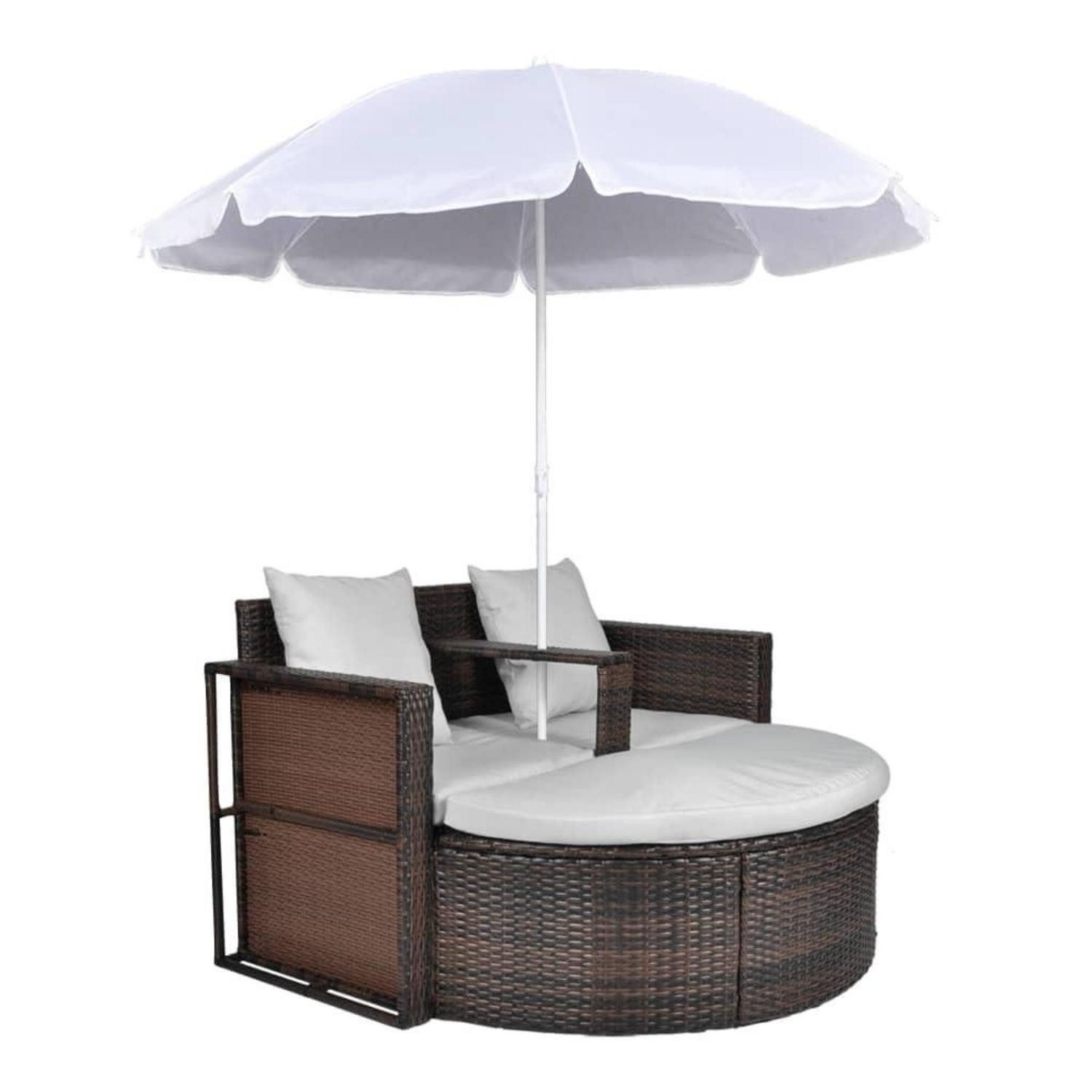 LuxusKollektion Gartenliege Gartenbett mit Sonnenschirm Poly Rattan Braun, 1 St.