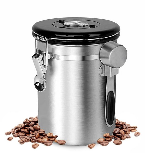 CALIYO Kaffeedose “Kaffeedose Vorratsdose Edelstahl mit Kaffeeportionierer”, mit Spezielles Einwegventil im Deckel, für Kaffeebohnen Pulver Tee