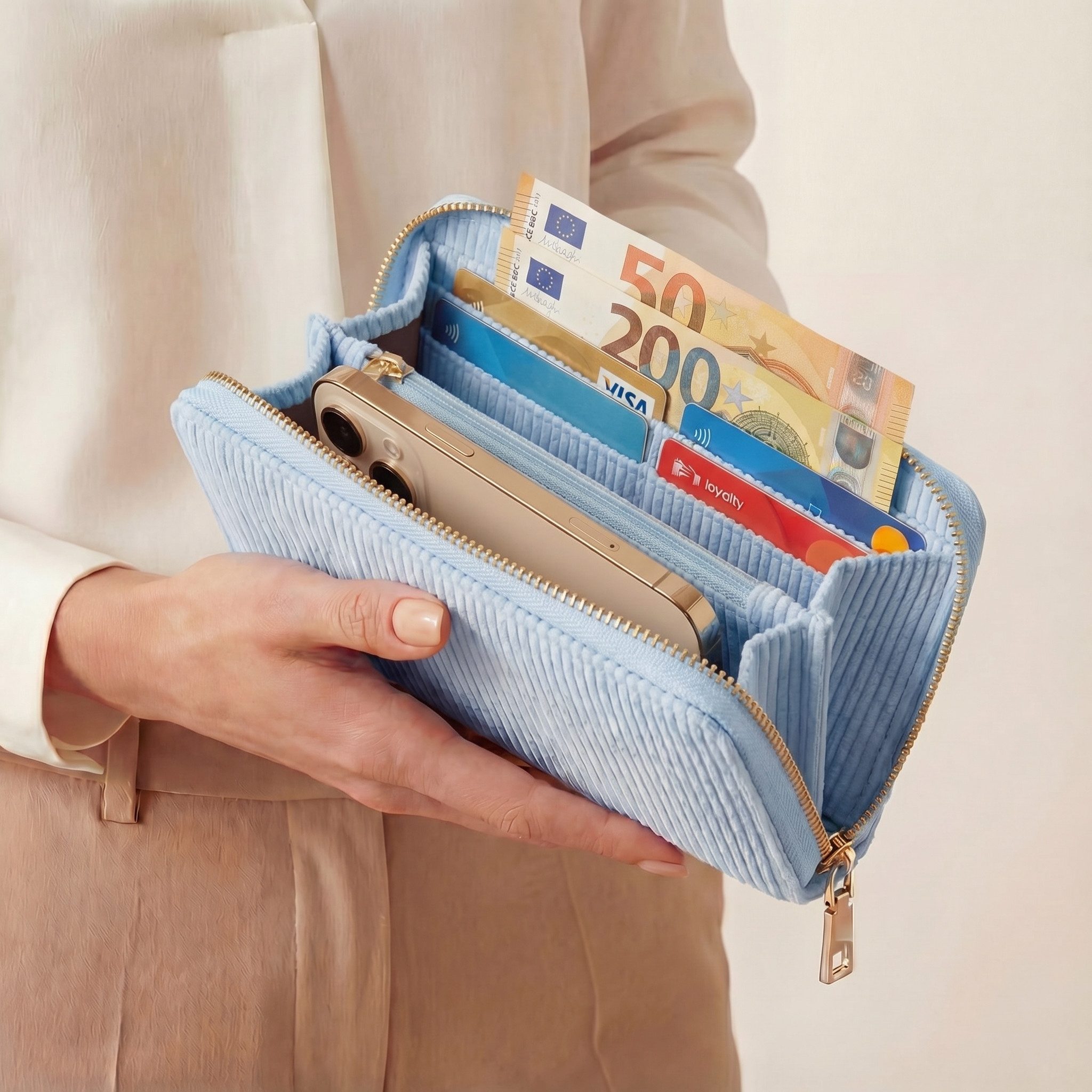 MillyMilk Geldbörse FONDO LARGE – Großer Damen Cord Geldbeutel – Stoff Portemonnaie, Cord-Geldbörse mit stabiler Form, viel Platz und Reißverschluss.