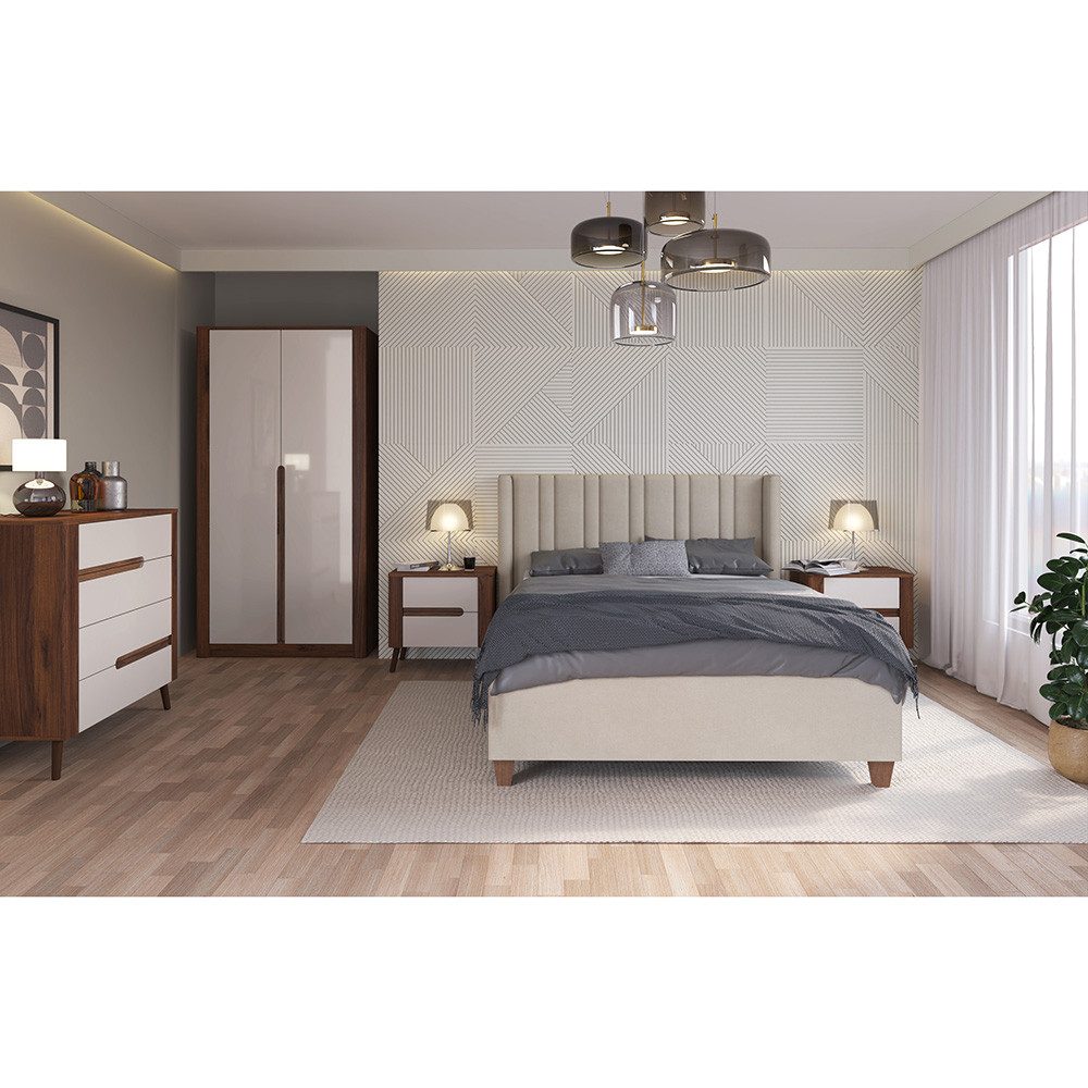 Lomadox Schlafzimmer-Set ALPINE-129, (Spar-Set, 5-tlg., Bettanlage Nachtschränke Kleiderschrank Kommode), Liegefläche 160x200cm in Samtbeige & grifflosem Design in braun beige