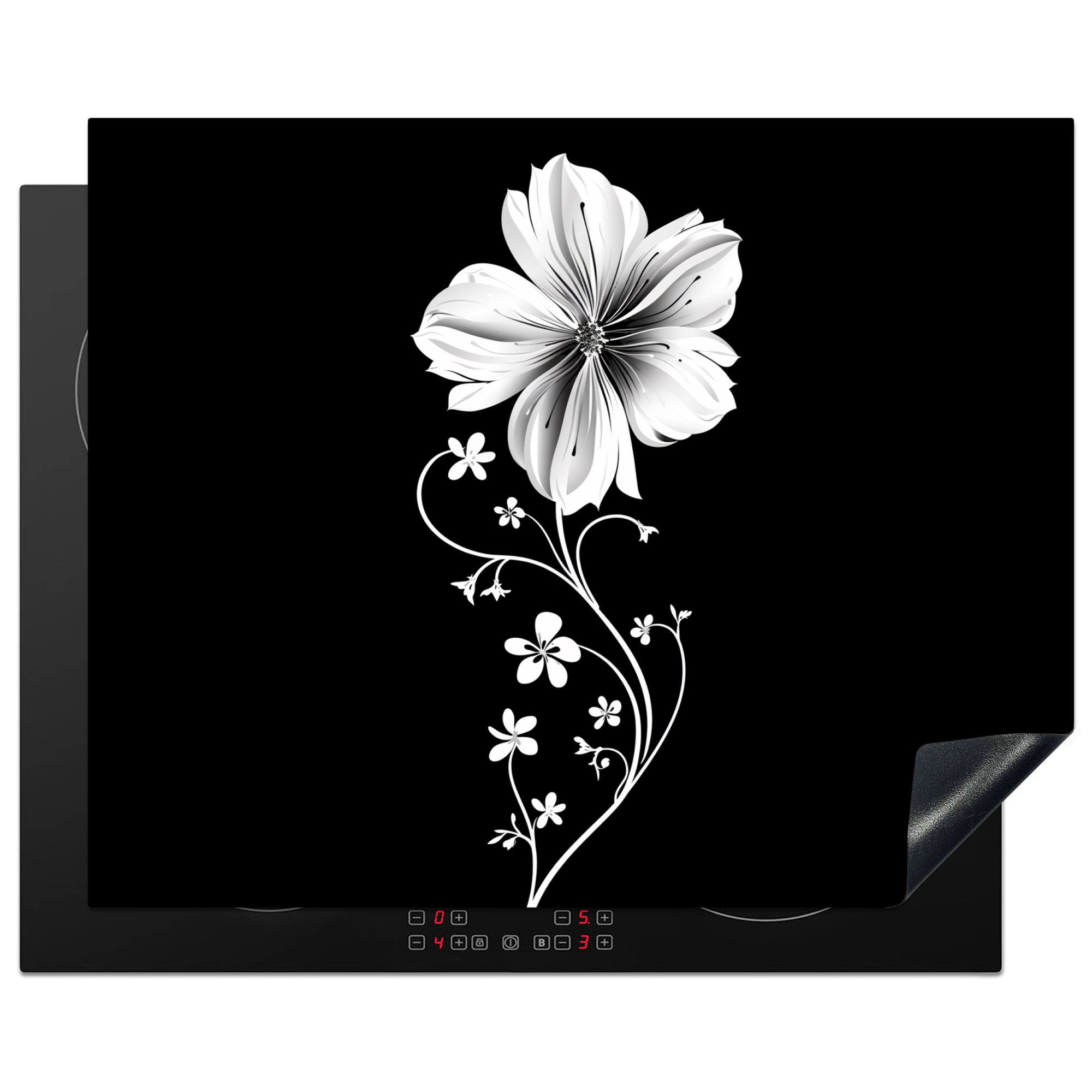 MuchoWow Herd-Abdeckplatte Blume - Schwarz - Weiß, Vinyl, (1 tlg), Herdabdeckplatten für Ceranfeld, Induktionsschutz, 65x55 cm