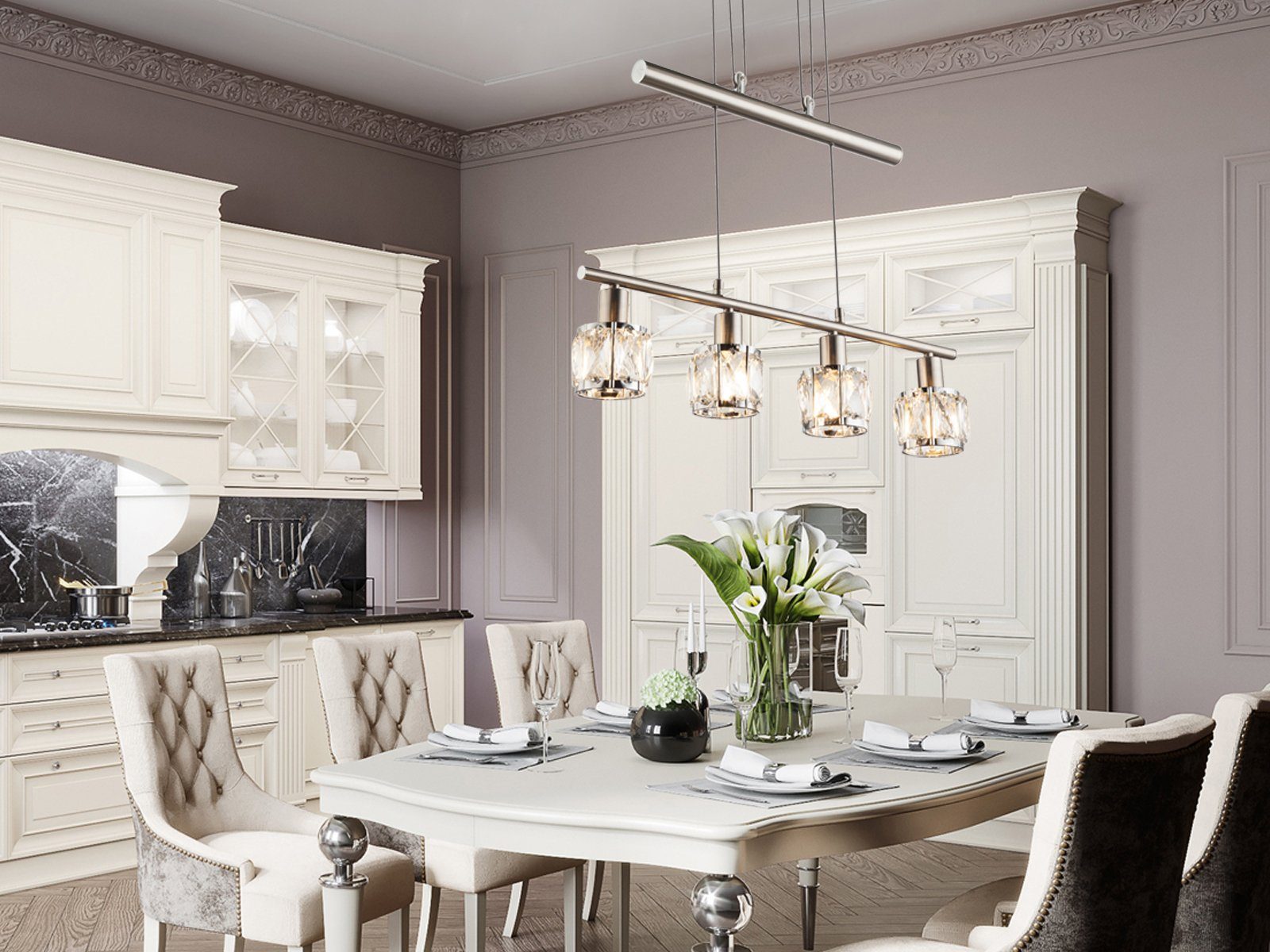 GLOBO LIGHTING LED Pendelleuchte, Dimmfunktion, warmweiß, mehrflammig 4x Kristall Lampen-schirm über-n Esstisch hängend, B: 60cm