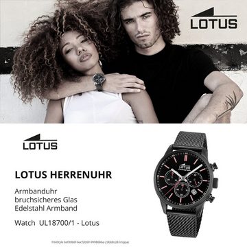 Lotus Quarzuhr LOTUS Herren Uhr Sport 18700/1 Edelstahl, Herrenuhr rund, groß (ca. 42mm) Edelstahlarmband schwarz