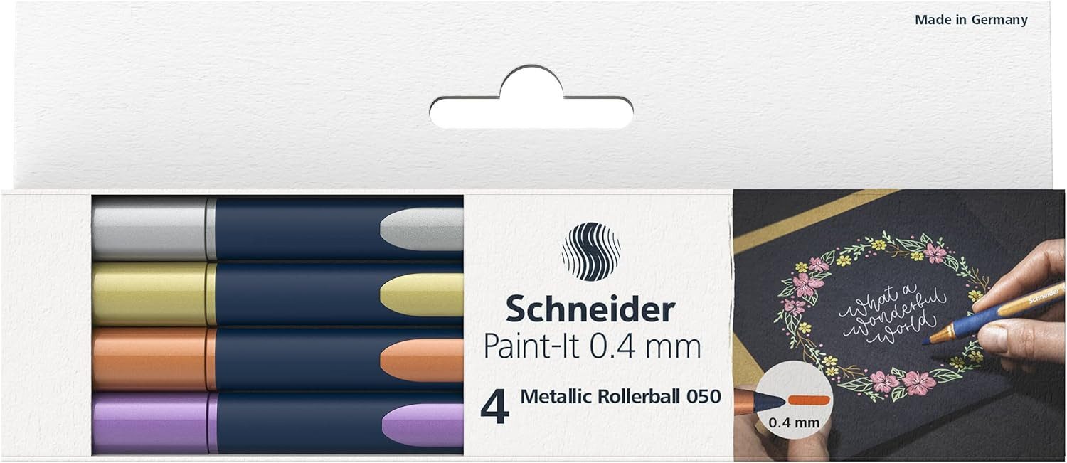 Thumbnail - SCHNEIDER NOVUS Tintenroller Metallic Rollerball 050, (4-tlg), Stärke 0,4mm hochmetallische Tinte Gehäuse aus 88% bio Ku...