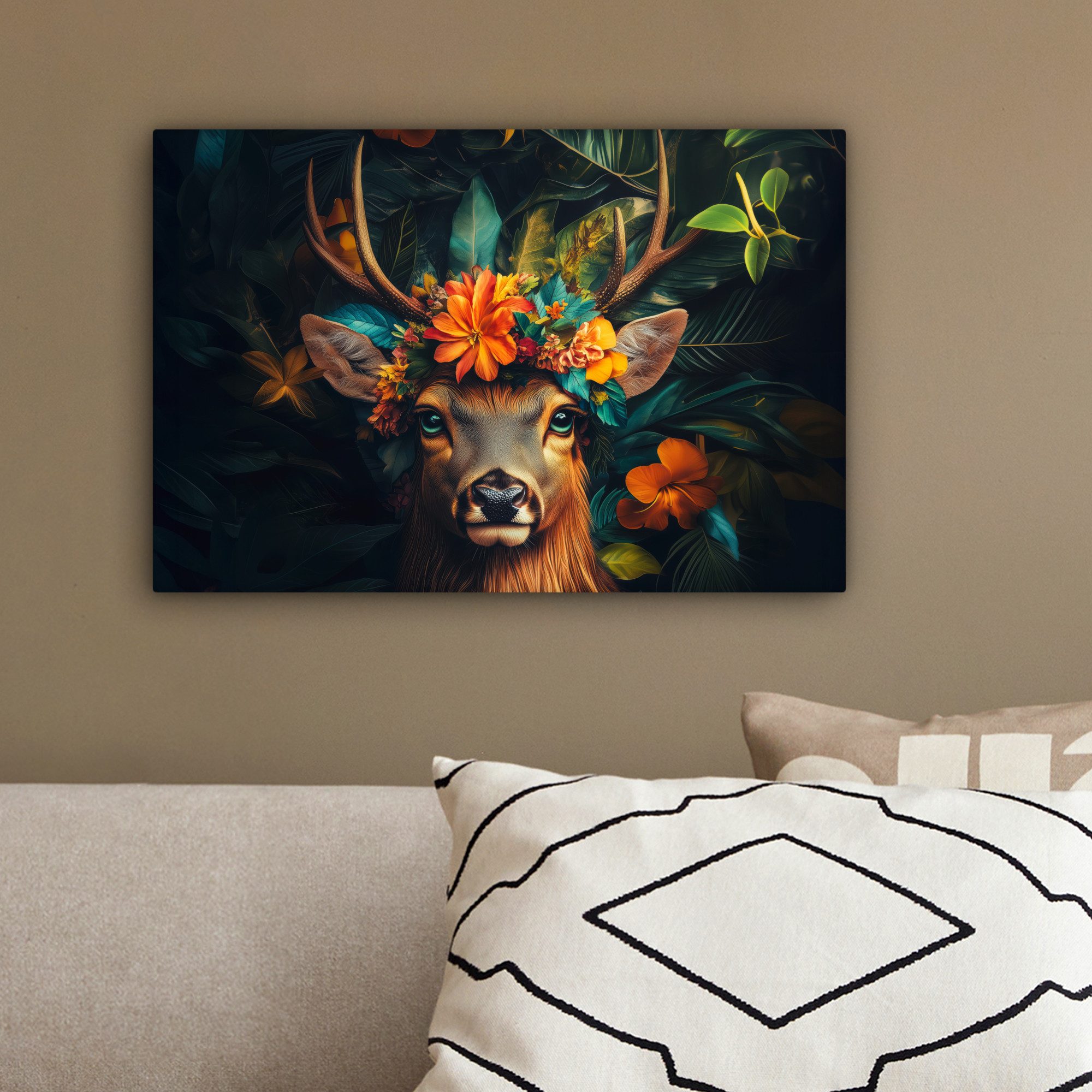 OneMillionCanvasses® Leinwandbild Hirsch - Blumen - Natur - Botanisch - Tier, Fotodruck (1 St), Leinwand Canvas Wandbild, Wanddekoration 20x30 cm – Bild 4 von 5