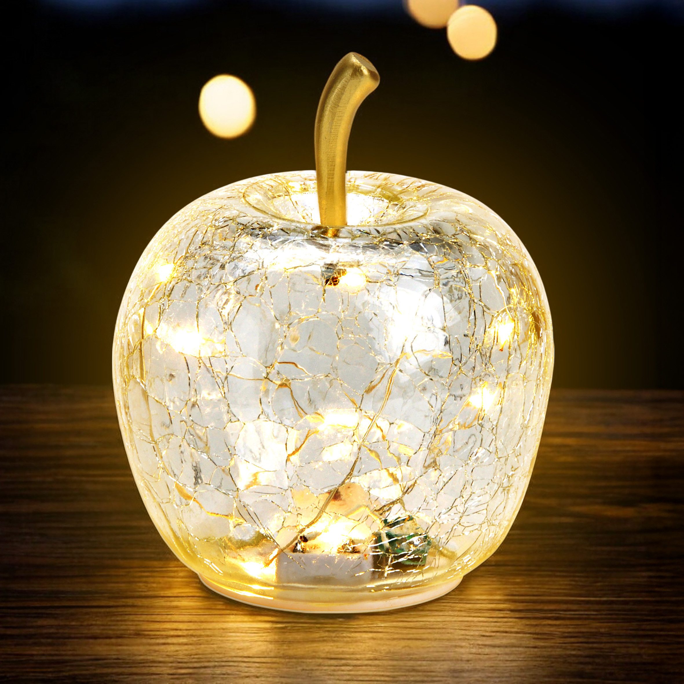 Spetebo LED Dekoobjekt, Ein-/Ausschalter, Timer, LED fest verbaut, warm weiß, Deko Frucht aus Crackle Glas beleuchtet Batterie betrieben