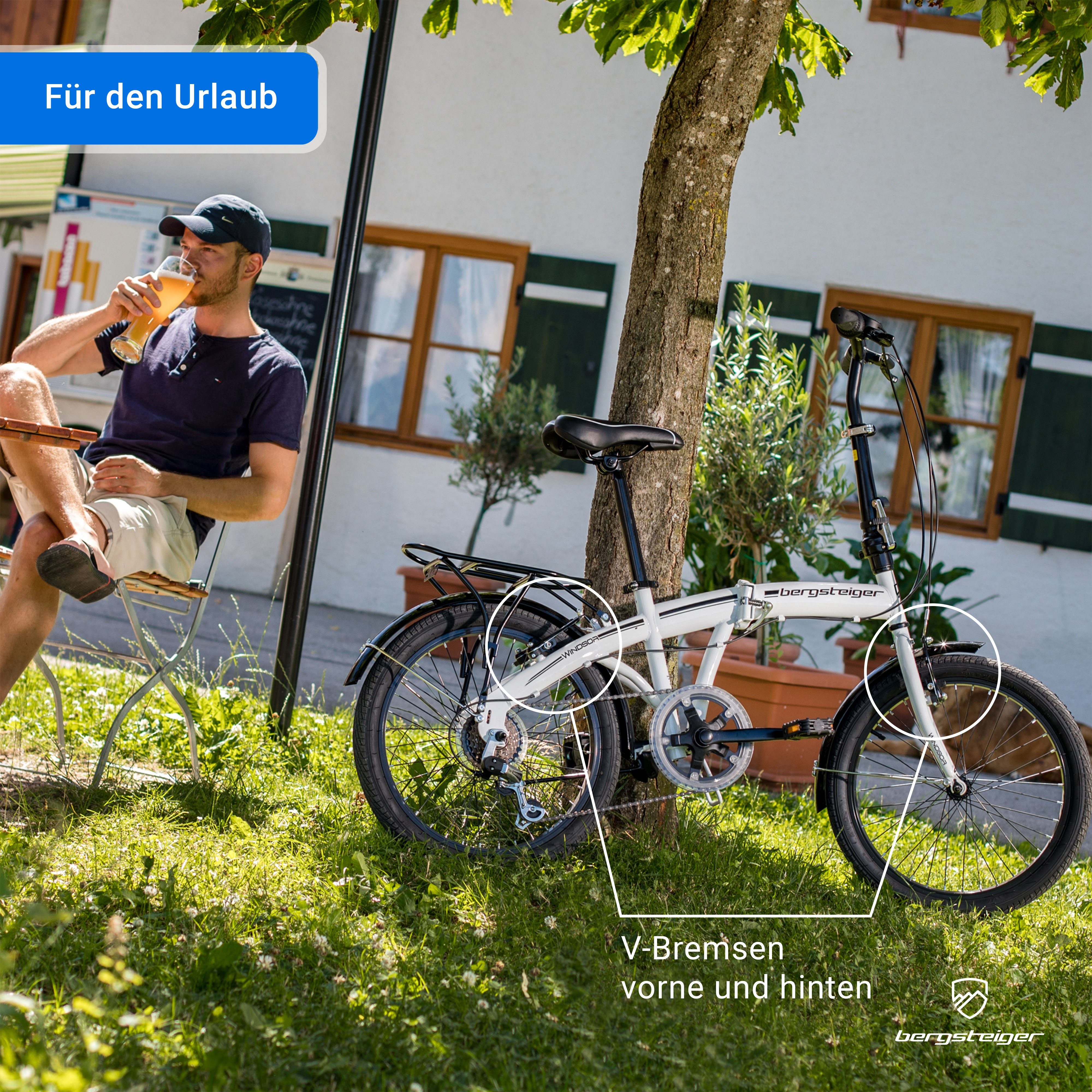 bergsteiger Faltrad Windsor 20 Zoll, Klapprad, Shimano 6 Gang-Schaltung, Damen, Herren, 6 Gang Shimano Tourney RD-TY21 Schaltwerk, Kettenschaltung, V-Bremsen