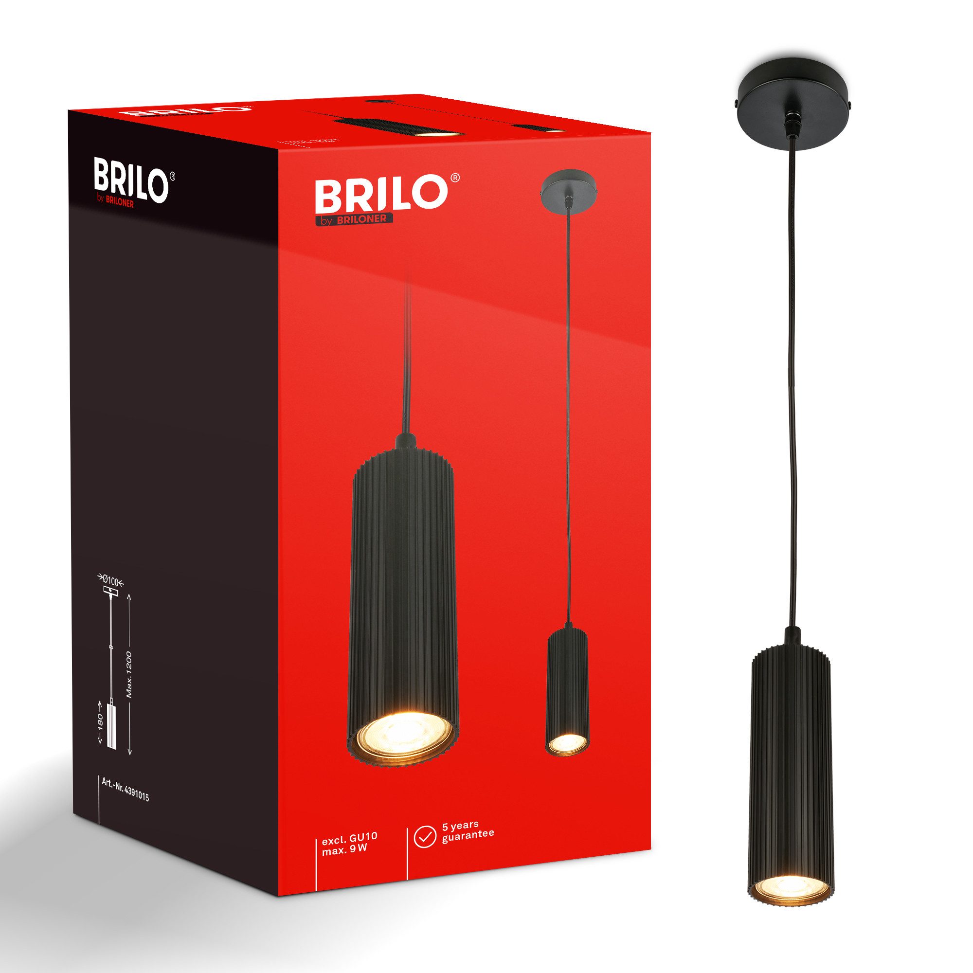 Briloner Leuchten LED Pendelleuchte Hängelampe Höhenverstellbar GU10 Riffle-Optik, 1-Flammig, ohne Leuchtmittel, Abhängig vom Leuchtmittel, 20x120 cm, Esszimmer, Esstisch, Wohnzimmer