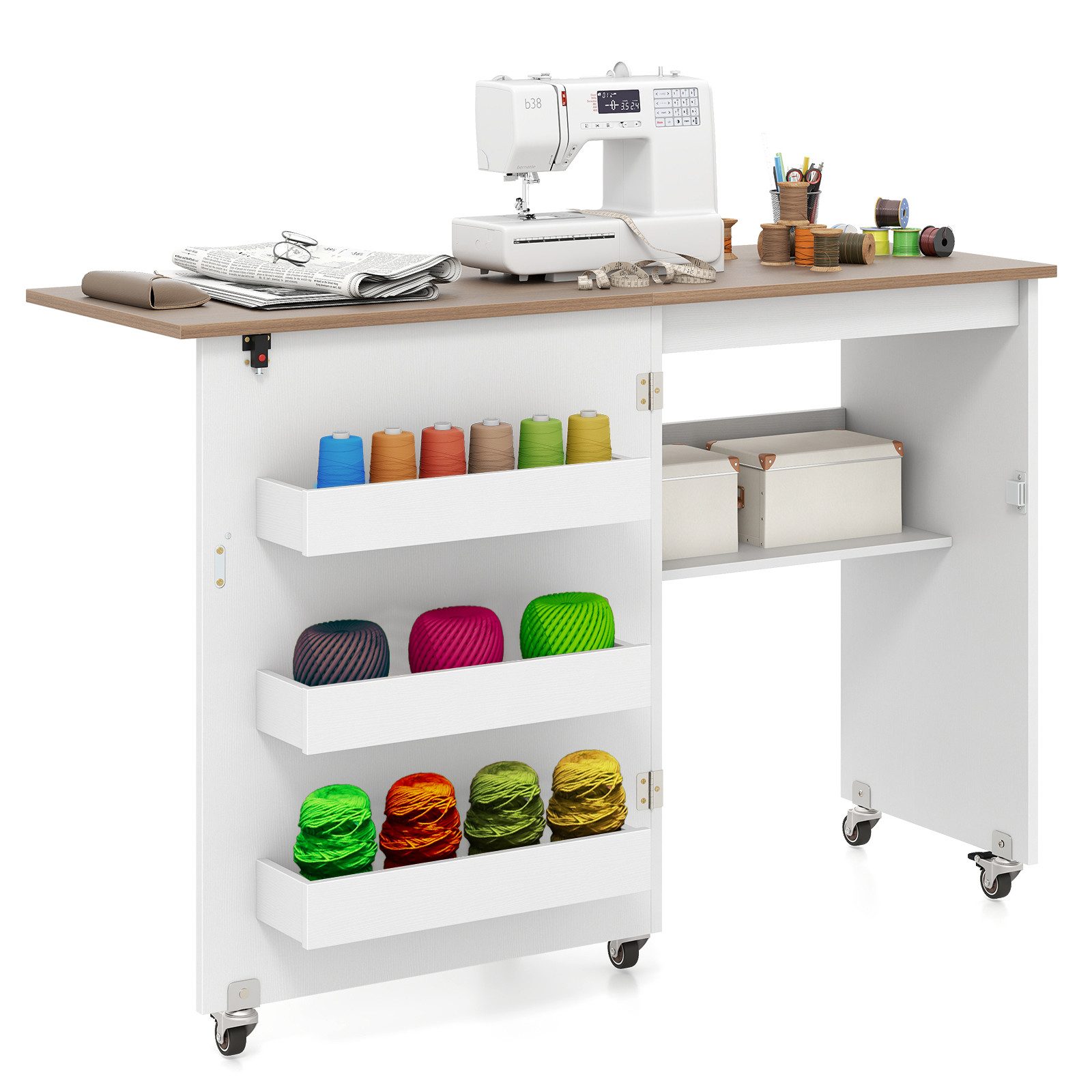 COSTWAY Schreibtisch, Nähtisch klappbar, Nähschrank mit Rollen, Holz