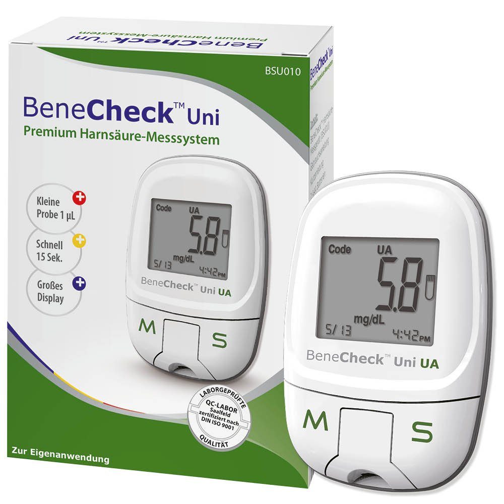 BeneCheck Harnsäure-Messgerät Premium, Starterset, Ink. 10 Tetsteifen, 10 Lanzetten und Lanzettiergerät, Harnsäure Starterset
