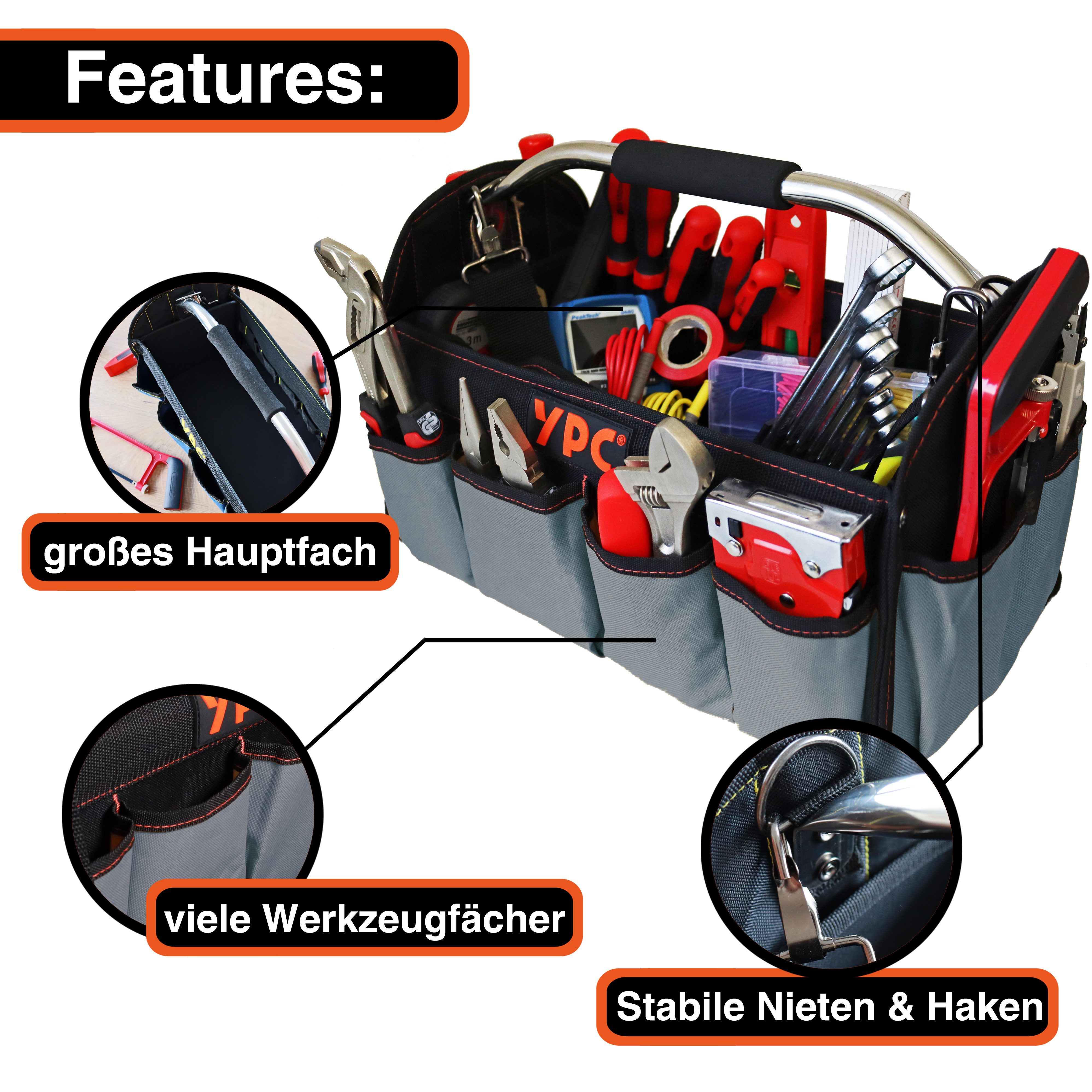 YPC Werkzeugtasche "Carrier" Werkzeugkorb XL, 40,5x30x19,5cm, 20 kg Tragkraft, praktisch, stabil, hohe Tragkraft, reißfest, modern, Metall-Handgriff