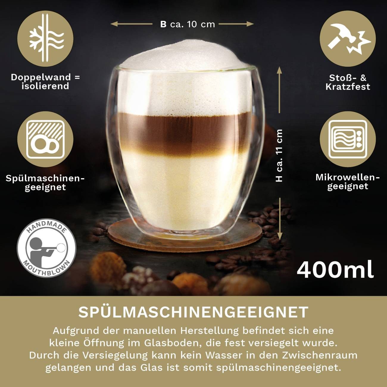 Creano Teeglas Doppelwandiges Thermoglas XXL 400ml aus Borosilikatglas (DG-Bauchig), Borosilikatglas, ein Glas