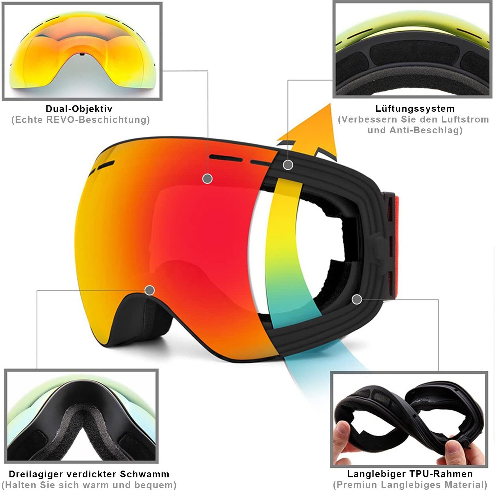 (1-St), Linse, magnetisch, Frauen, Männer Snowboardbrille UV400, Rot für Rosnek Doppellagige Skifahren Anti-Beschlag