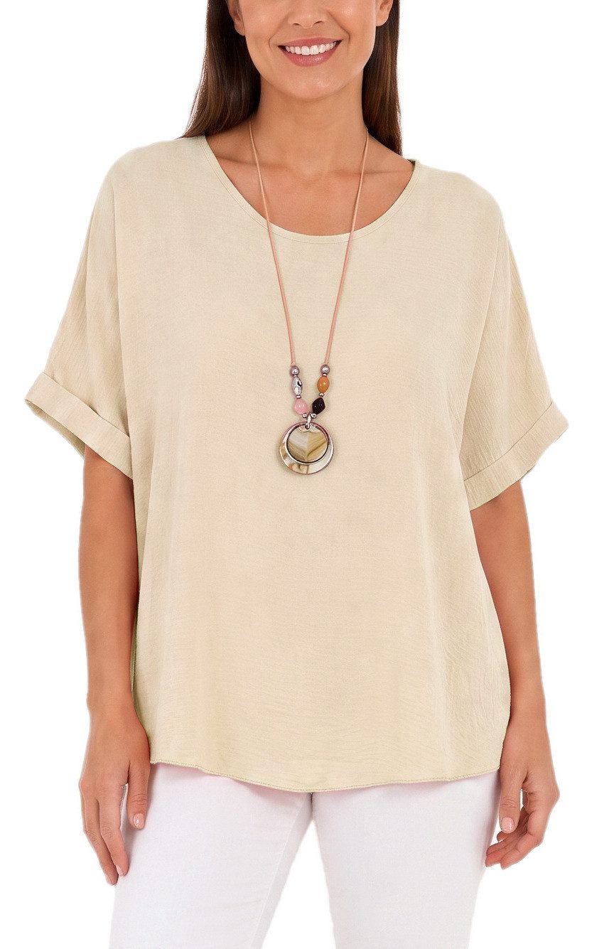 dy_mode Kurzarmbluse Kurzarmbluse Damen Blusenshirt Oberteil Oversize Tunika in Unifarbe, mit Statementkette